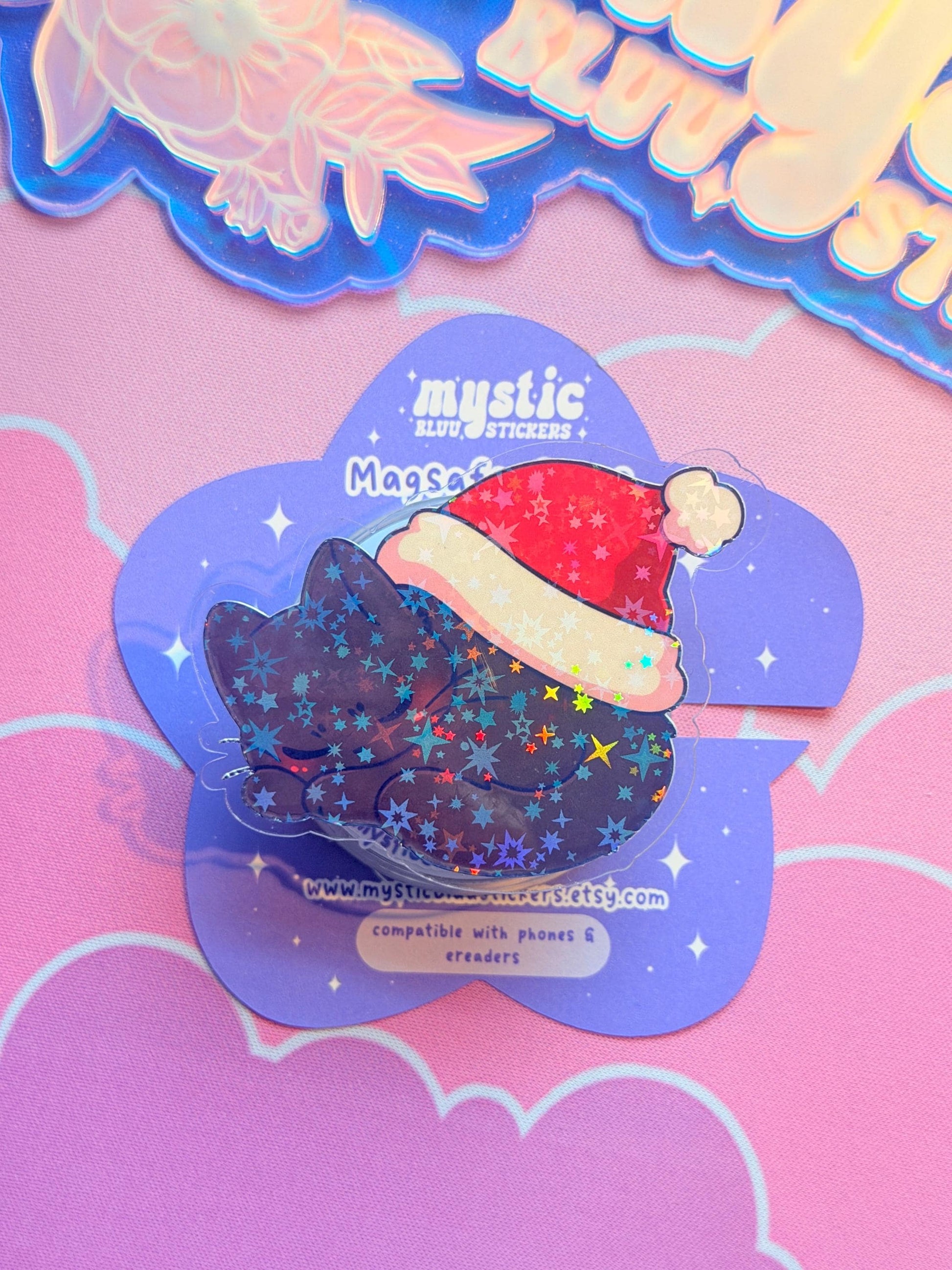 Christmas MagSafe Kindle Grip: Holographic Sleeping Santa Hat Cat Phone Grip