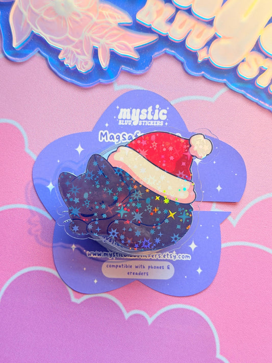 Christmas MagSafe Kindle Grip: Holographic Sleeping Santa Hat Cat Phone Grip