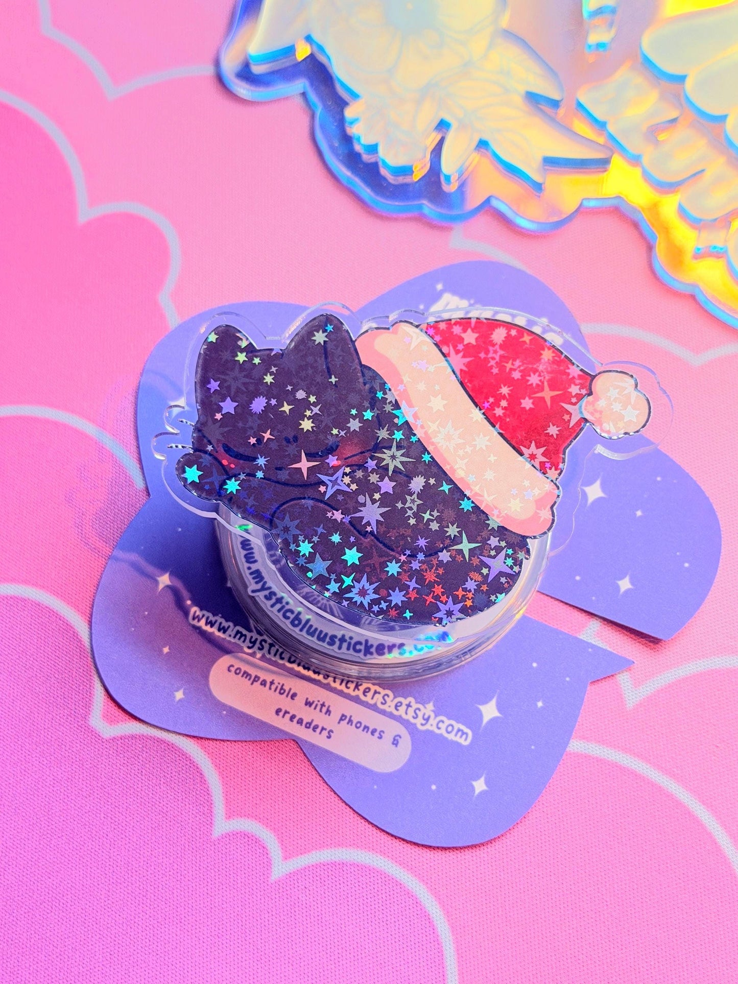 Christmas MagSafe Kindle Grip: Holographic Sleeping Santa Hat Cat Phone Grip