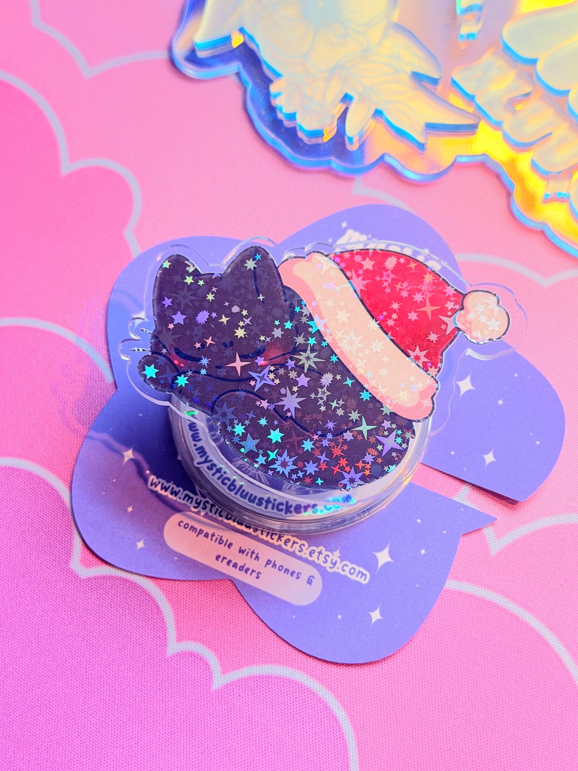 Christmas MagSafe Kindle Grip: Holographic Sleeping Santa Hat Cat Phone Grip