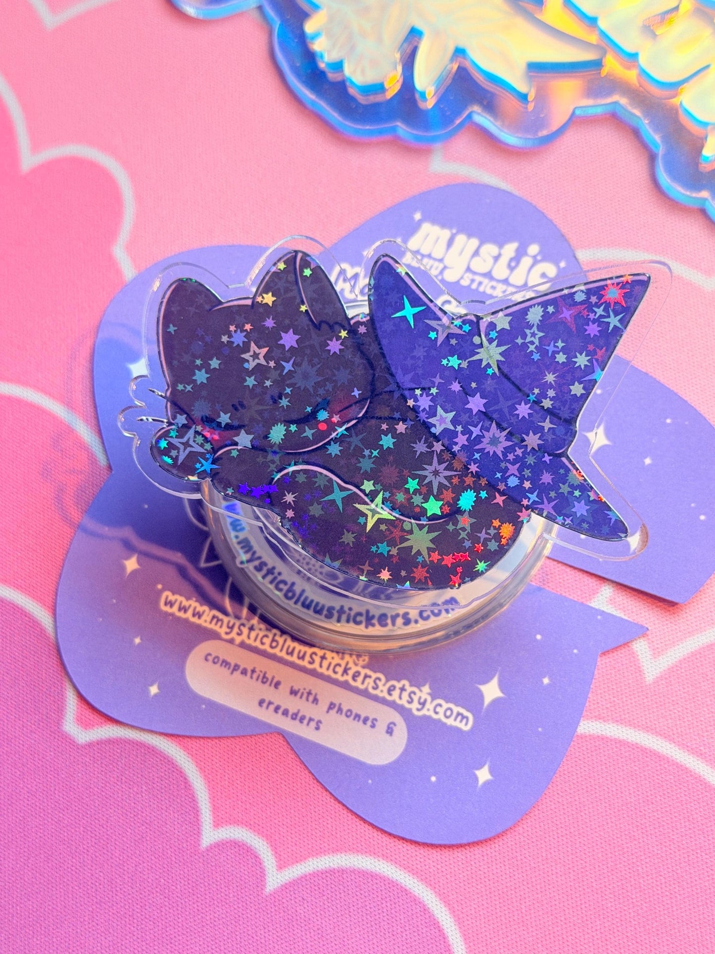 Witchy MagSafe Kindle Grip: Holographic Sleeping Witch Hat Cat Phone Grip