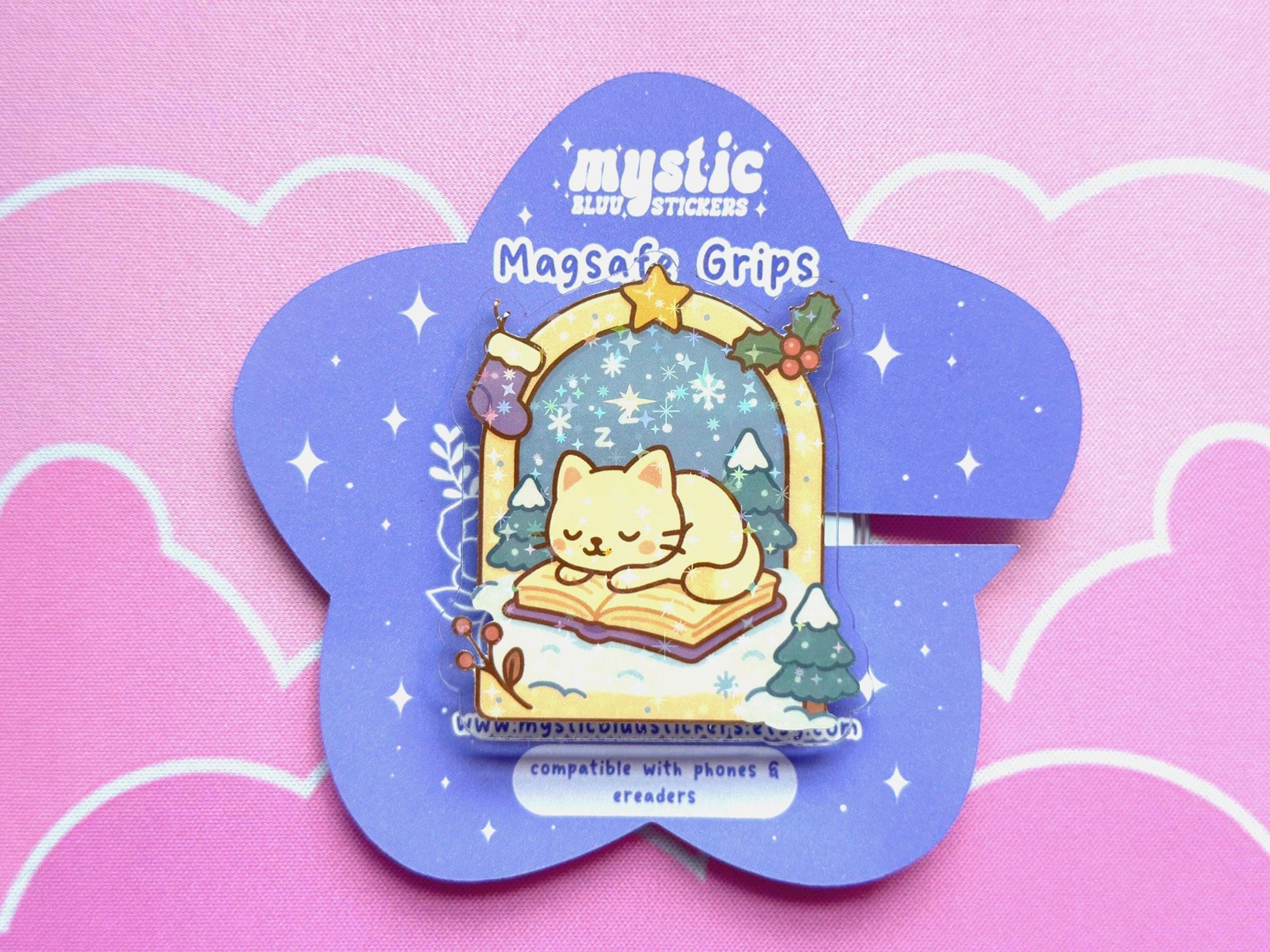 Holographic Winter Cat MagSafe Phone Grip: Bookish Snow