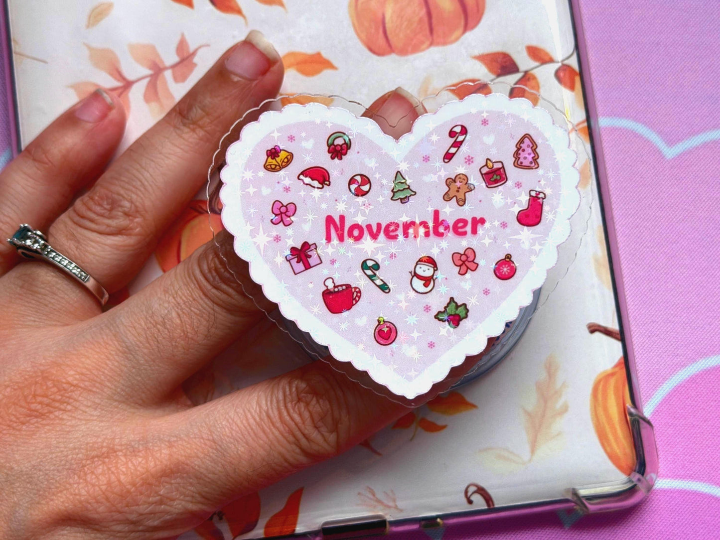 November MagSafe Phone Grip: Holographic Holiday Heart Kindle Grip