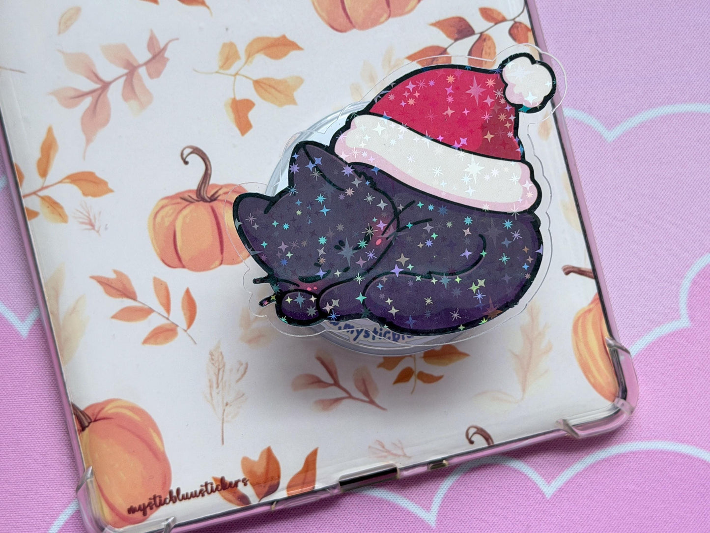 Christmas MagSafe Kindle Grip: Holographic Sleeping Santa Hat Cat Phone Grip