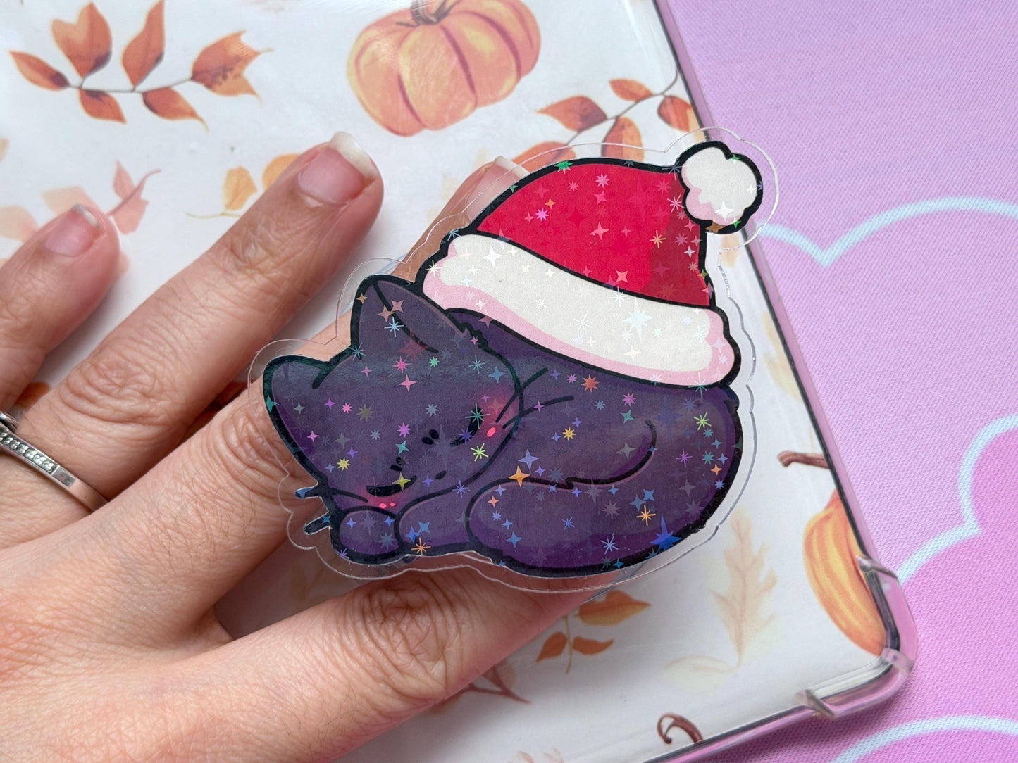Christmas MagSafe Kindle Grip: Holographic Sleeping Santa Hat Cat Phone Grip