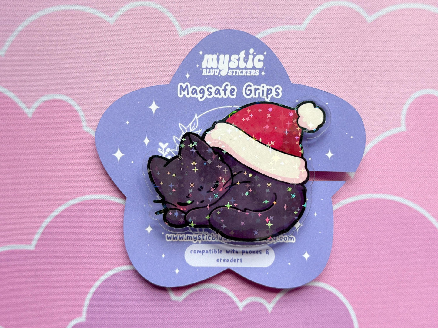 Christmas MagSafe Kindle Grip: Holographic Sleeping Santa Hat Cat Phone Grip