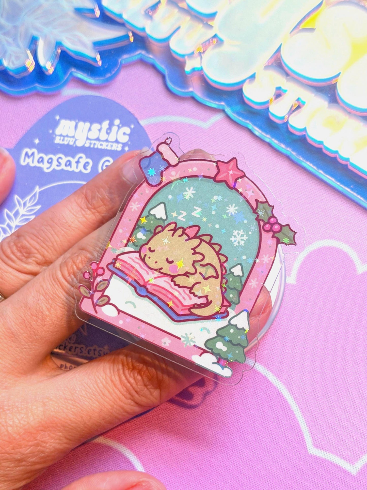 Winter MagSafe Phone Grip: Holographic Sleeping Dragon On Book Kindle Grip