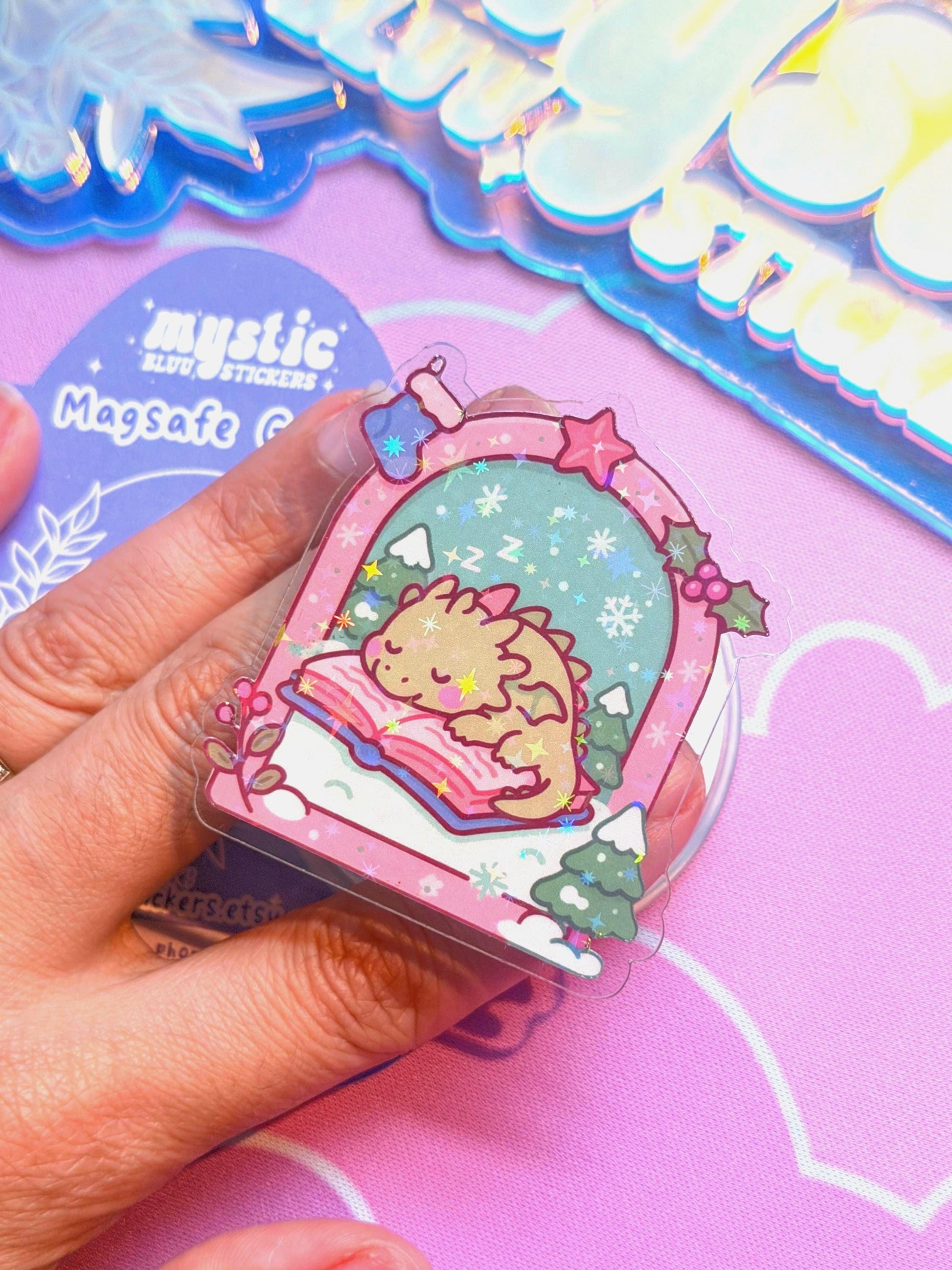 Winter MagSafe Phone Grip: Holographic Sleeping Dragon On Book Kindle Grip