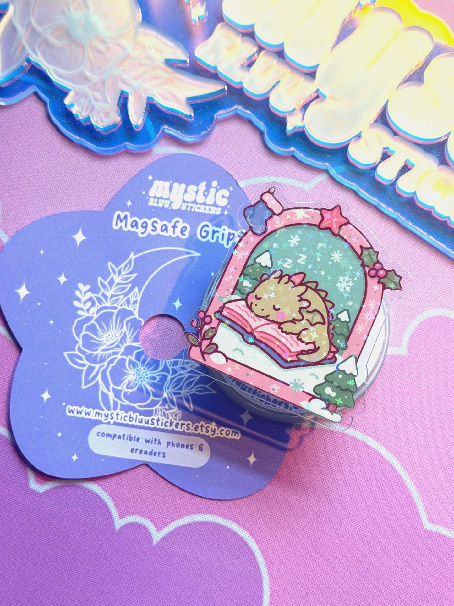 Winter MagSafe Phone Grip: Holographic Sleeping Dragon On Book Kindle Grip