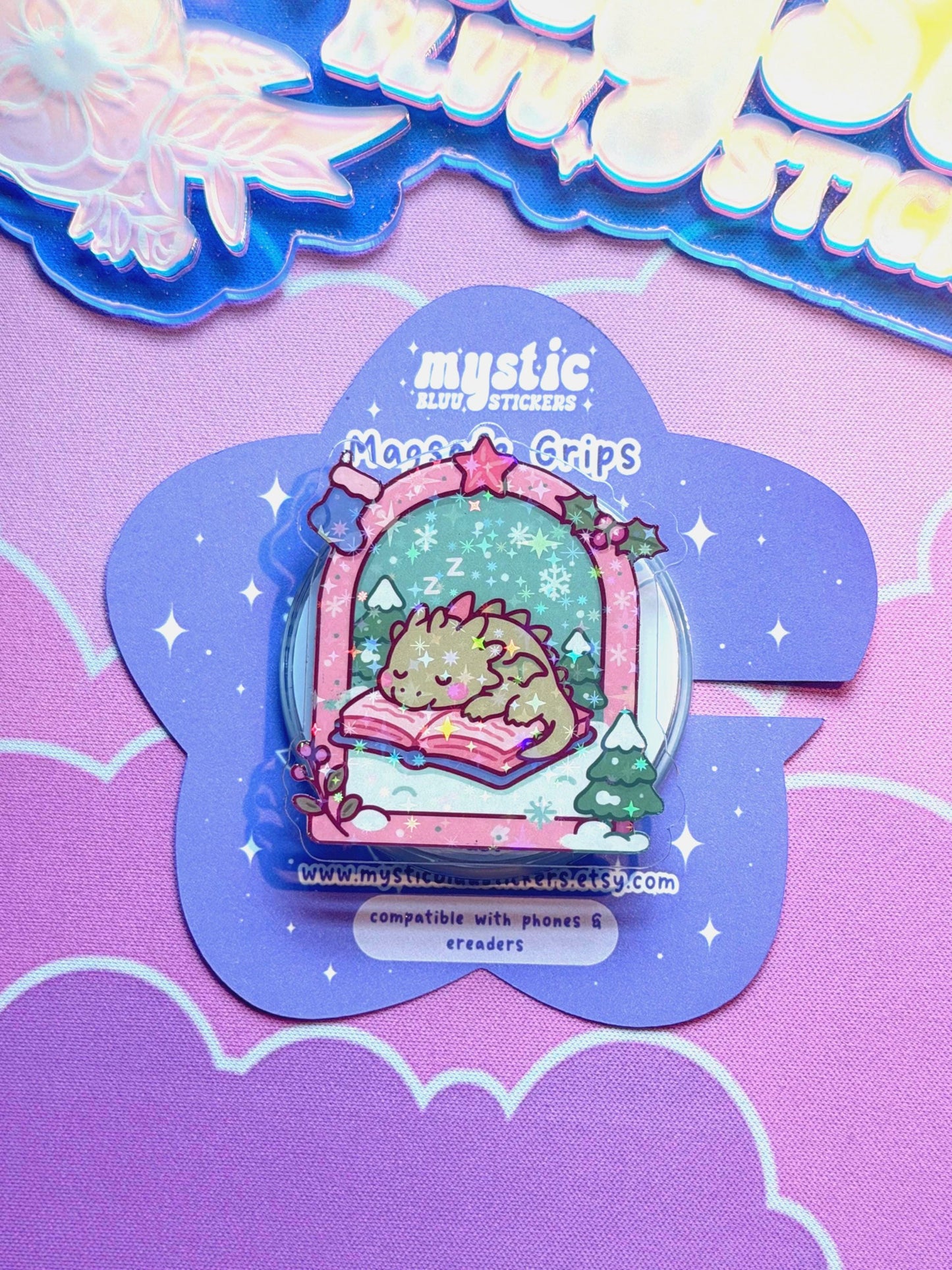 Winter MagSafe Phone Grip: Holographic Sleeping Dragon On Book Kindle Grip