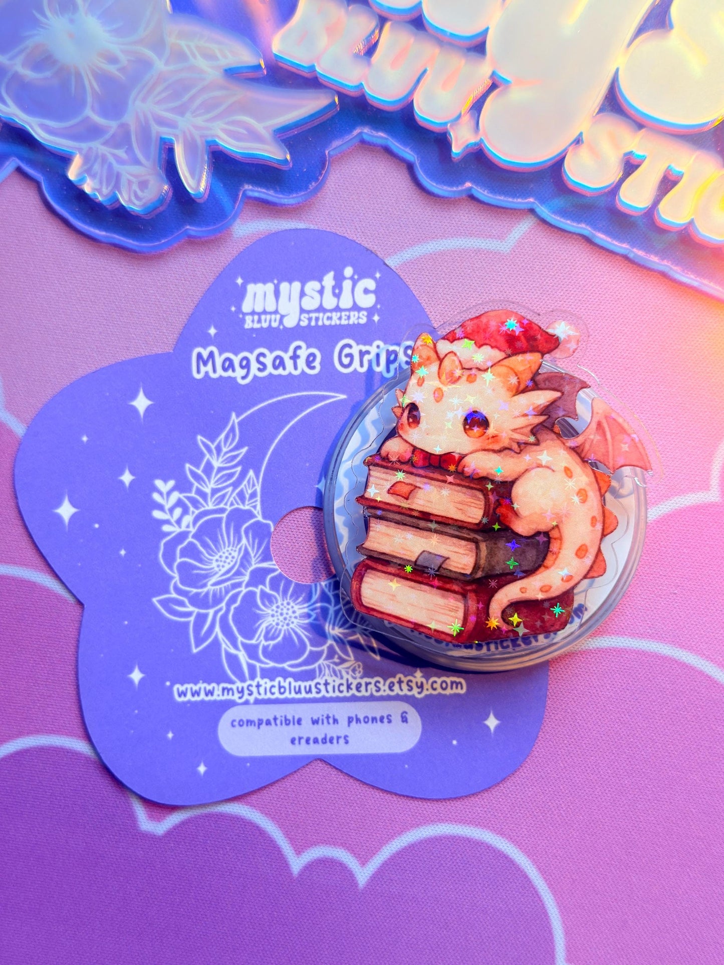 Winter MagSafe Phone Grip: Holographic Dragon On Books Kindle Grip