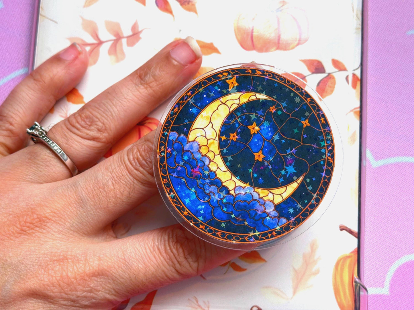 Celestial Moon MagSafe Phone Grip: Holographic 2D Night Sky Kindle Grip