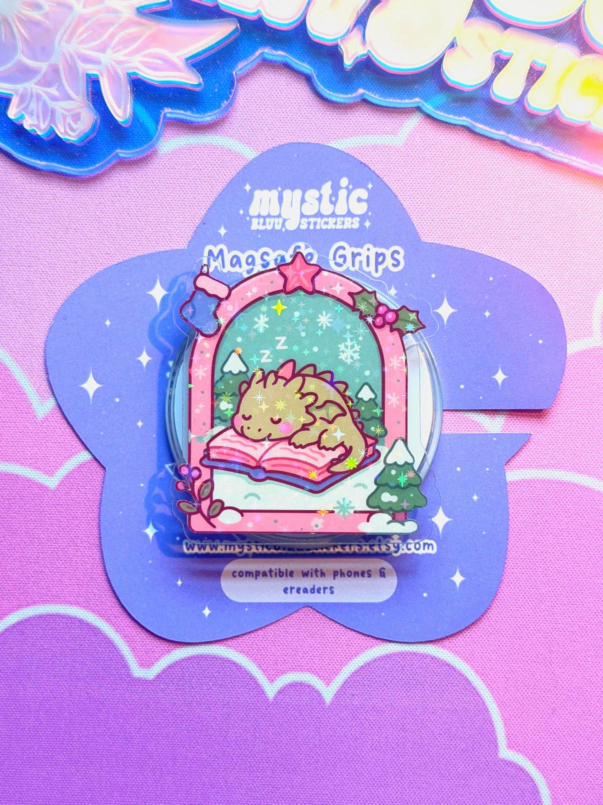 Winter MagSafe Phone Grip: Holographic Sleeping Dragon On Book Kindle Grip