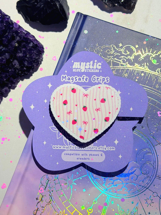 Strawberry Heart Phone Grip: Holographic Kawaii MagSafe Phone Stand
