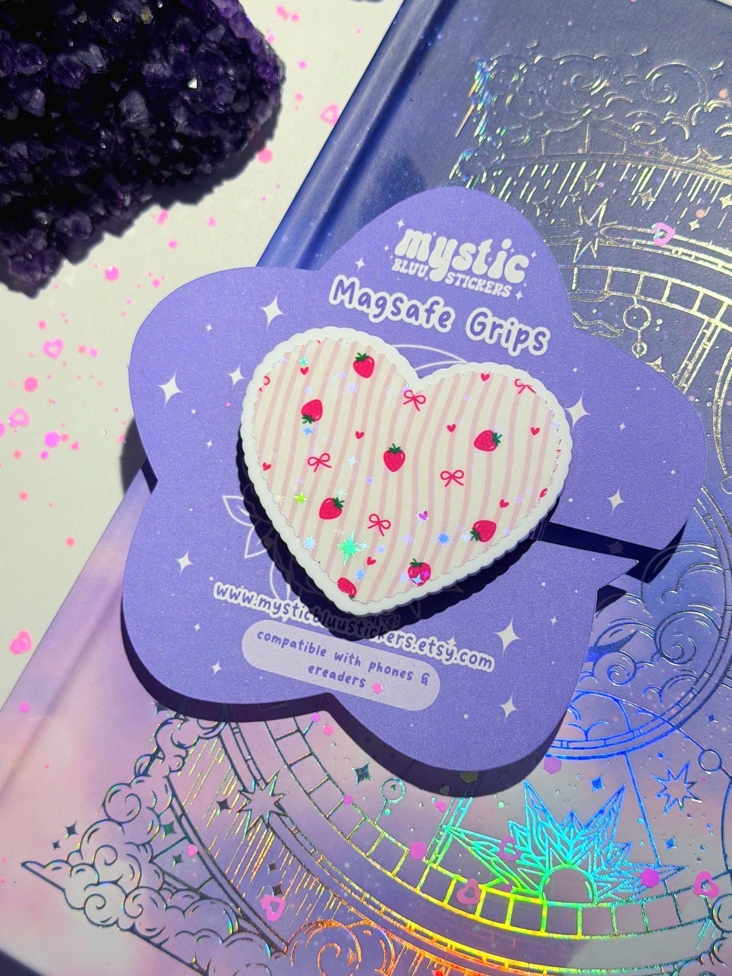 Strawberry Heart Phone Grip: Holographic Kawaii MagSafe Phone Stand