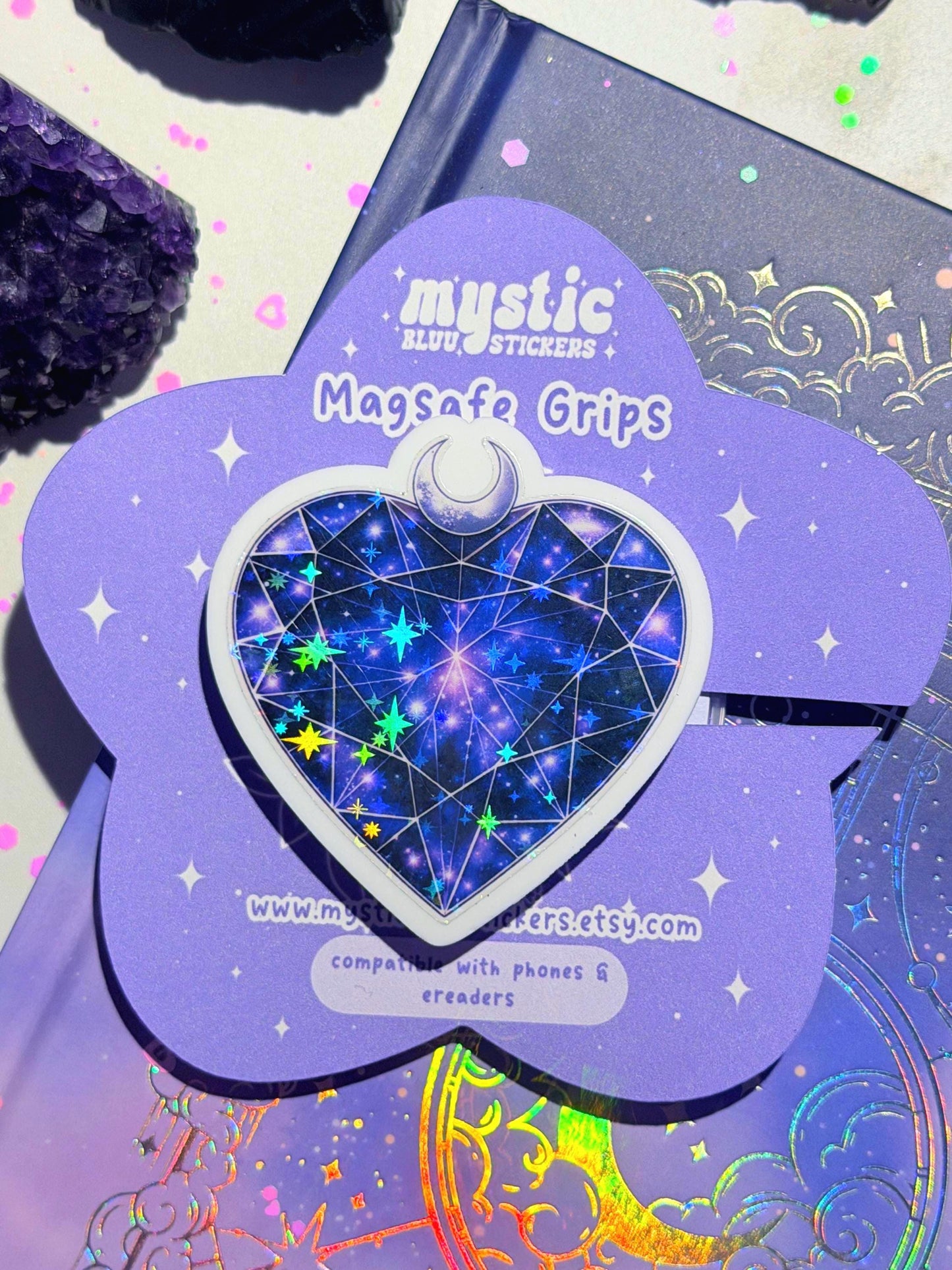 Celestial Heart MagSafe Phone Grip: Holographic 2D Night Sky Kindle Grip