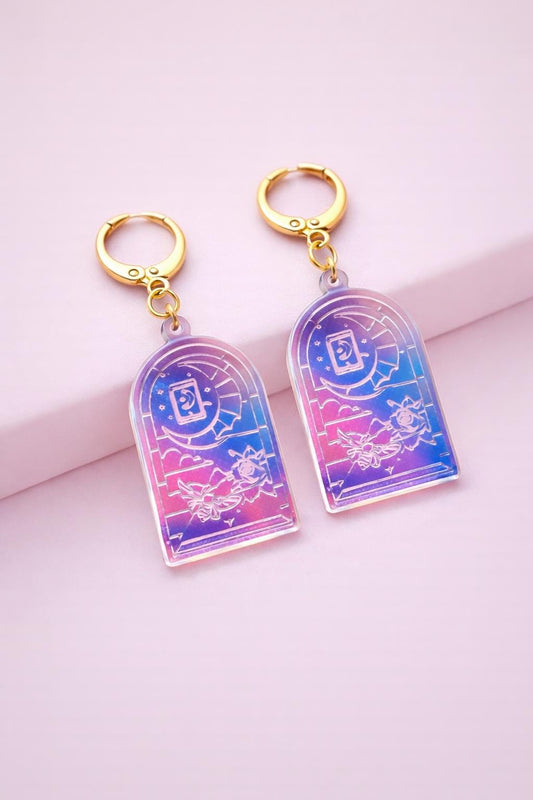 Stained Glass Tarot Window Earrings: Iridescent Crescent Moon, Rose and Clouds