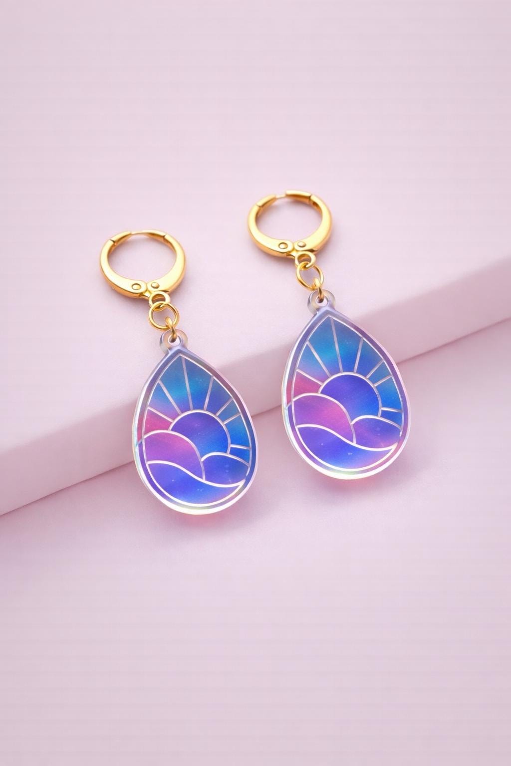 Cloud Sunset Teardrop Acrylic Earrings: Iridescent Dangle Hoop or Hook Style