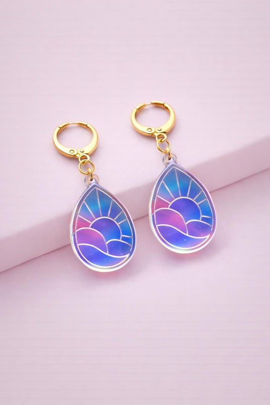 Cloud Sunset Teardrop Acrylic Earrings: Iridescent Dangle Hoop or Hook Style