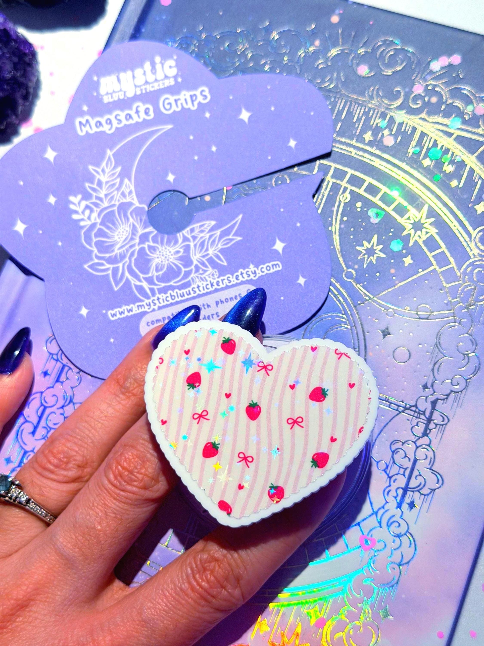 Strawberry Bow Heart MagSafe Phone Grip: Kawaii Holographic Valentines Kindle Grip