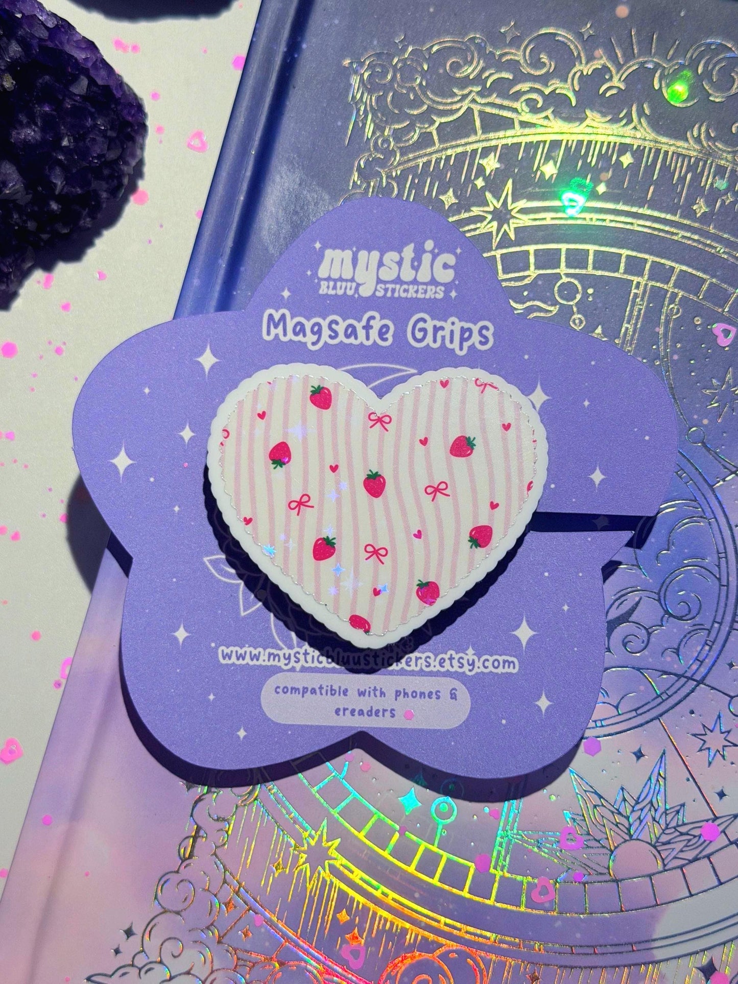 Strawberry Bow Heart MagSafe Phone Grip: Kawaii Holographic Valentines Kindle Grip