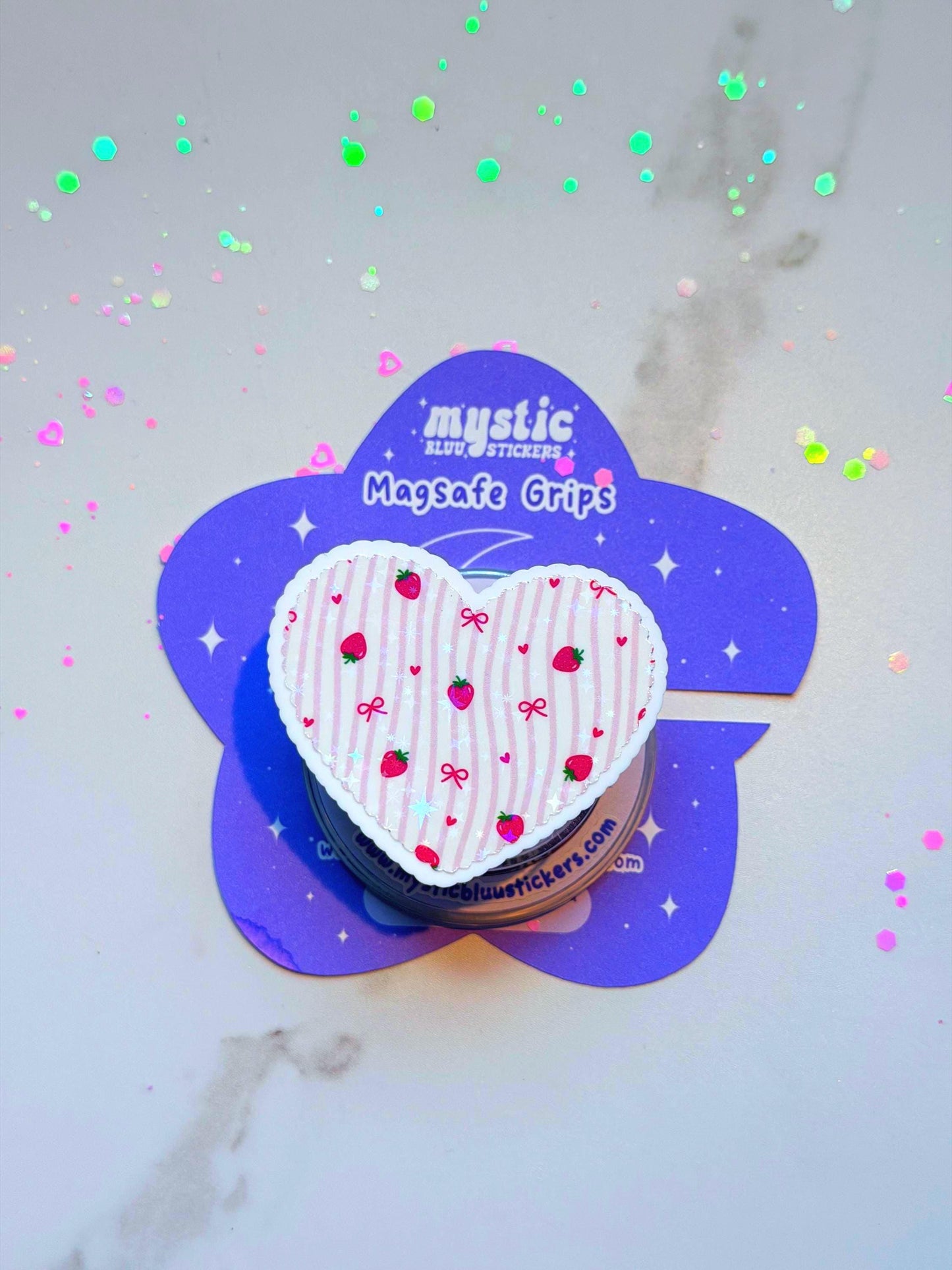 Strawberry Bow Heart MagSafe Phone Grip: Kawaii Holographic Valentines Kindle Grip