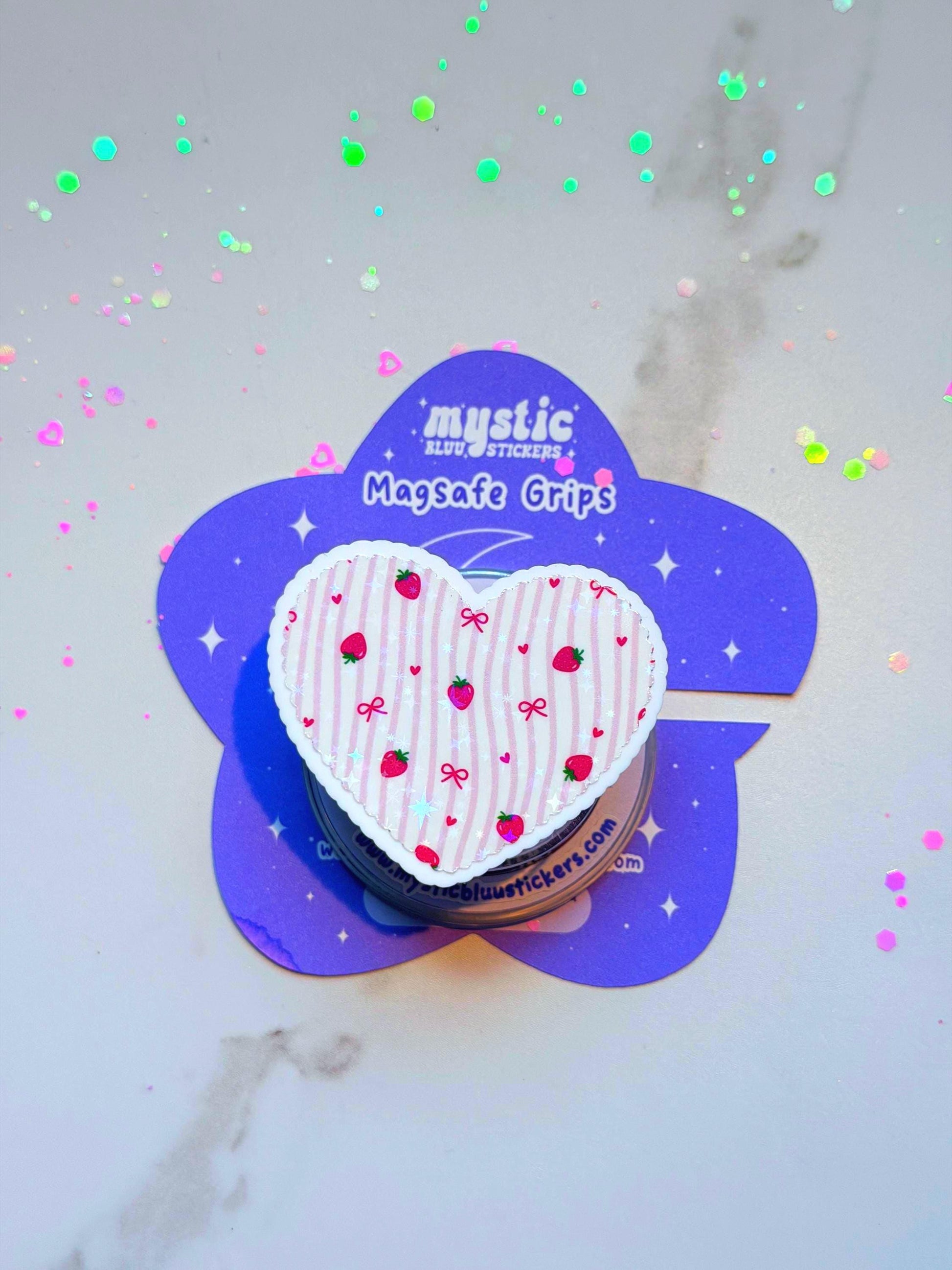 Strawberry Bow Heart MagSafe Phone Grip: Kawaii Holographic Valentines Kindle Grip