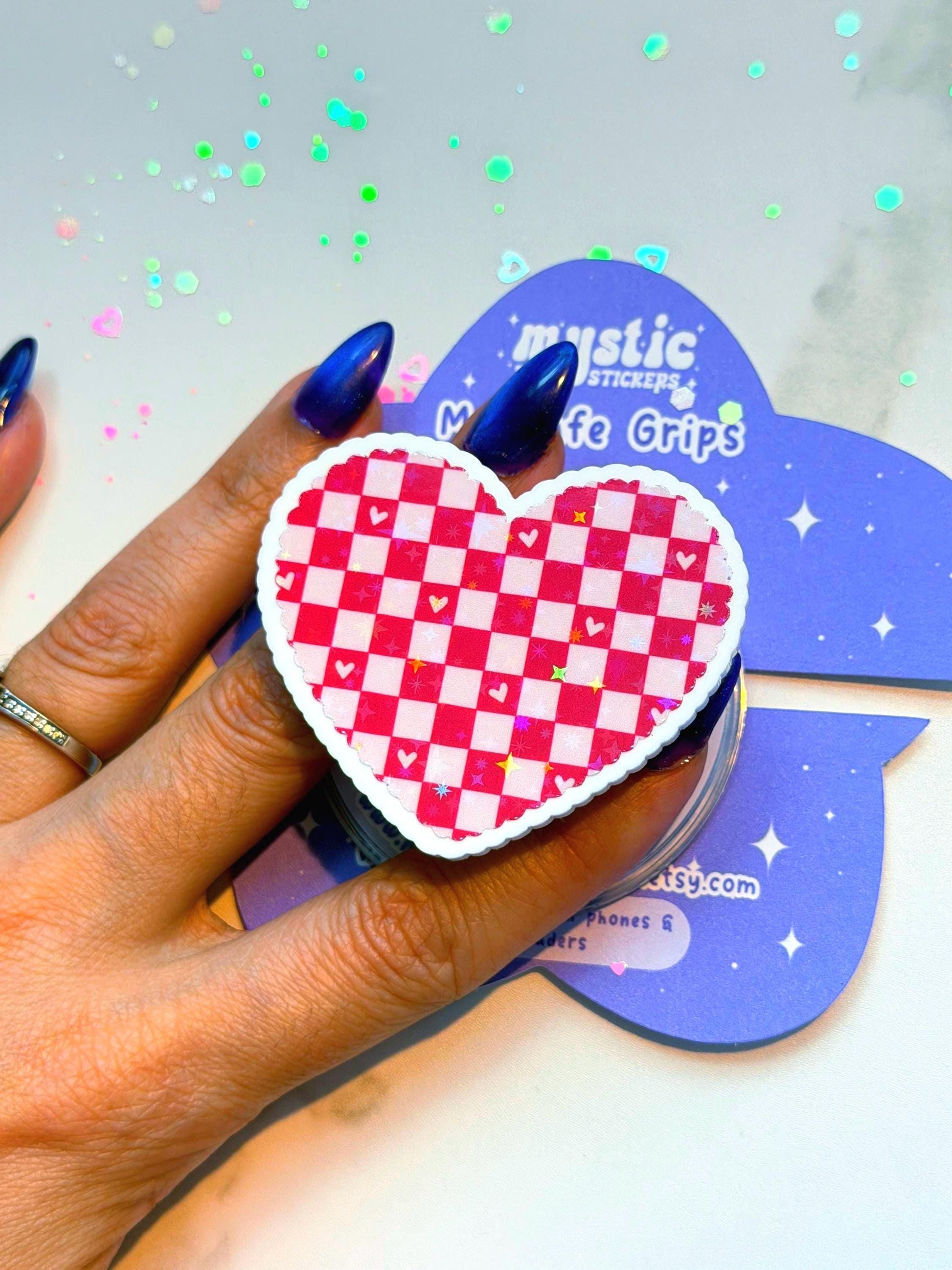 Checkered Heart MagSafe Phone Grip: Holographic 2D Valentines Kindle Grip