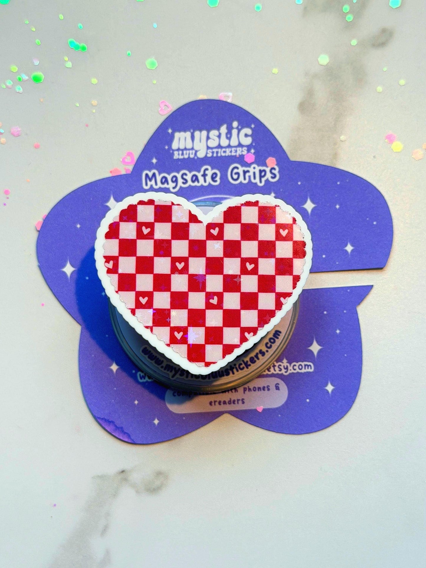 Checkered Heart MagSafe Phone Grip: Holographic 2D Valentines Kindle Grip