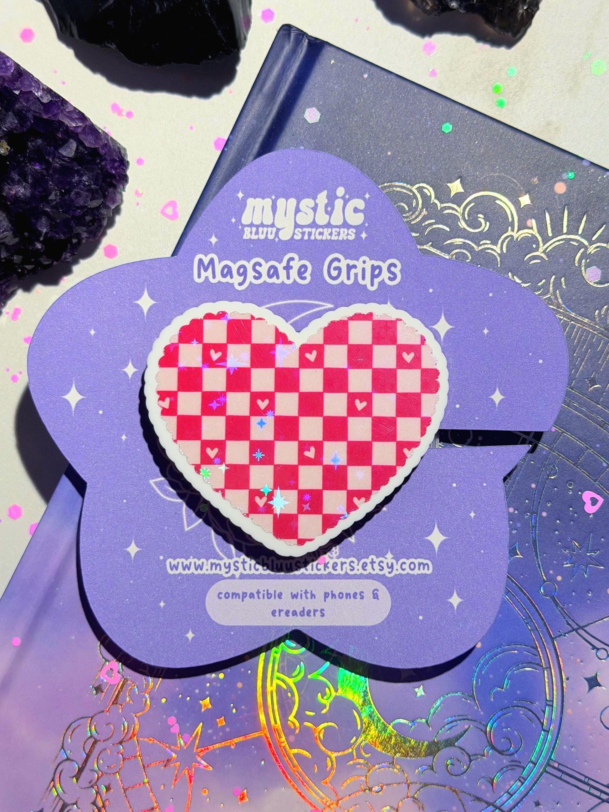 Checkered Heart MagSafe Phone Grip: Holographic 2D Valentines Kindle Grip