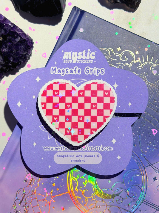 Checkered Heart MagSafe Phone Grip: Holographic 2D Valentines Kindle Grip