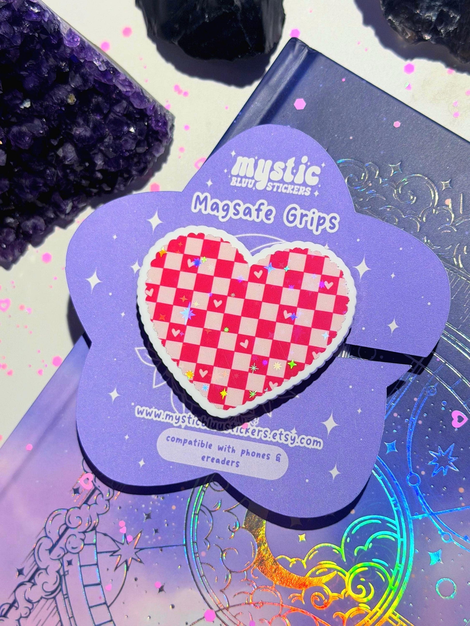 Checkered Heart MagSafe Phone Grip: Holographic 2D Valentines Kindle Grip
