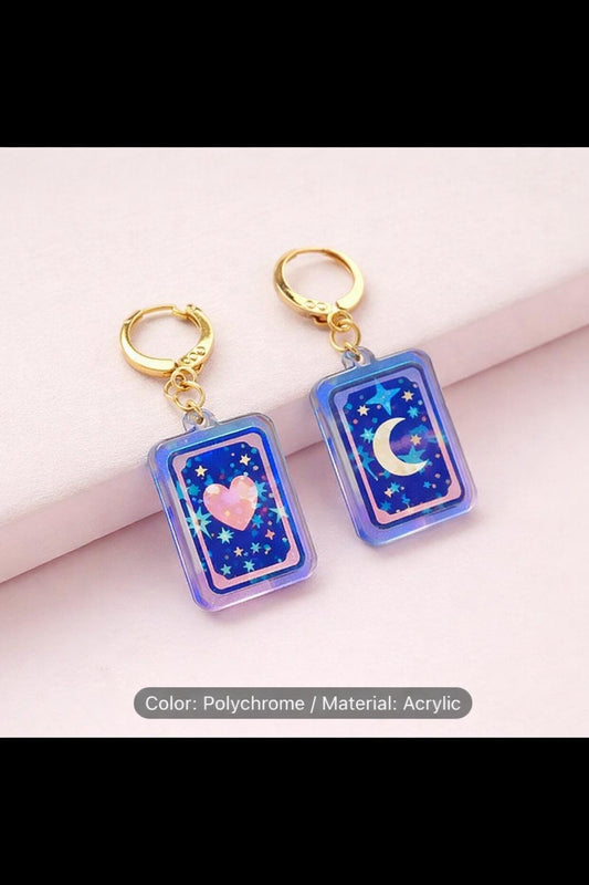 Tarot Acrylic Earrings: Moon Heart Dangle Hoop or Hook Style