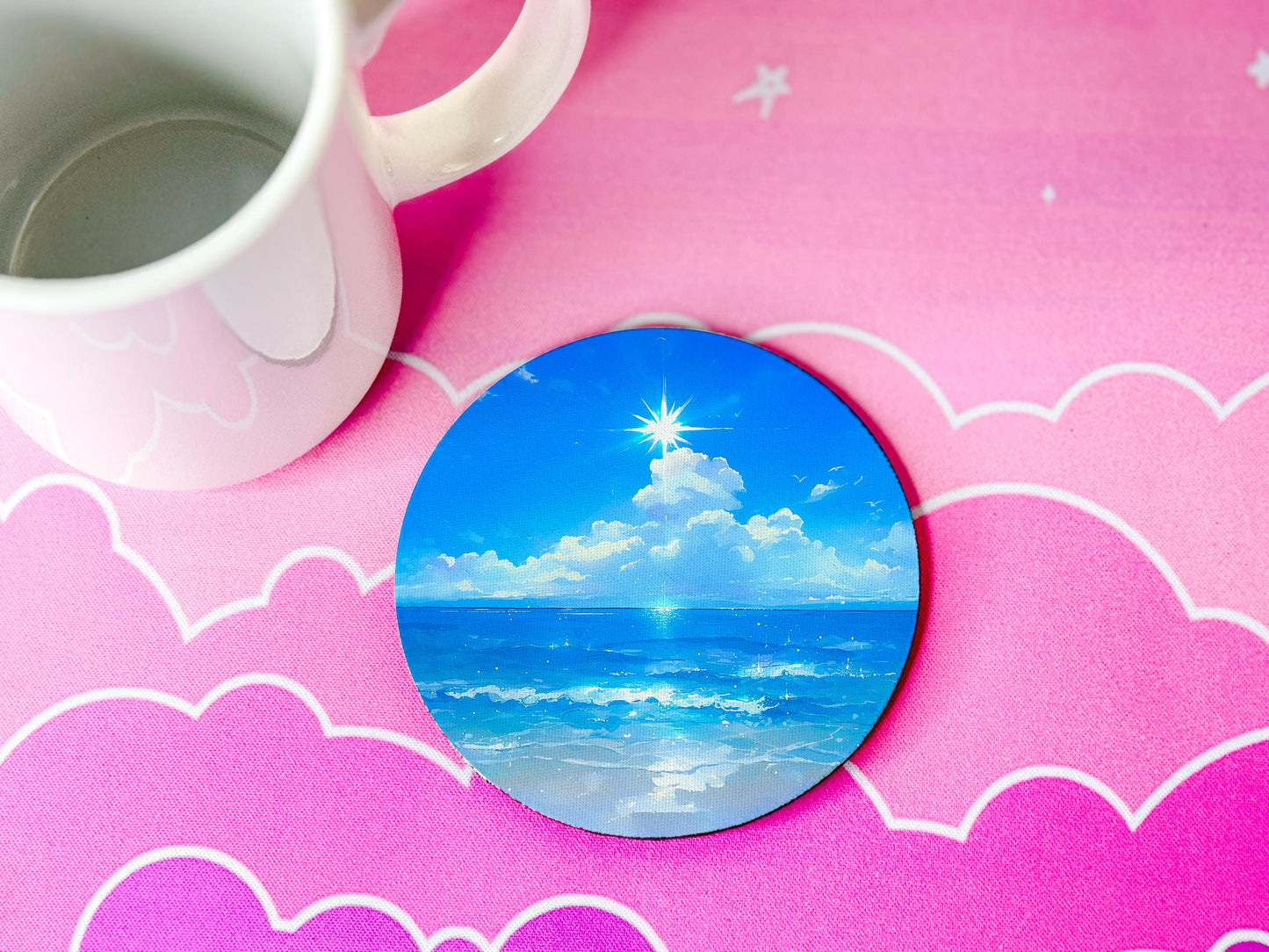 Beach Fabric Coaster Set of 4 Round Drink Coasters Non Slip Home Bar Desk