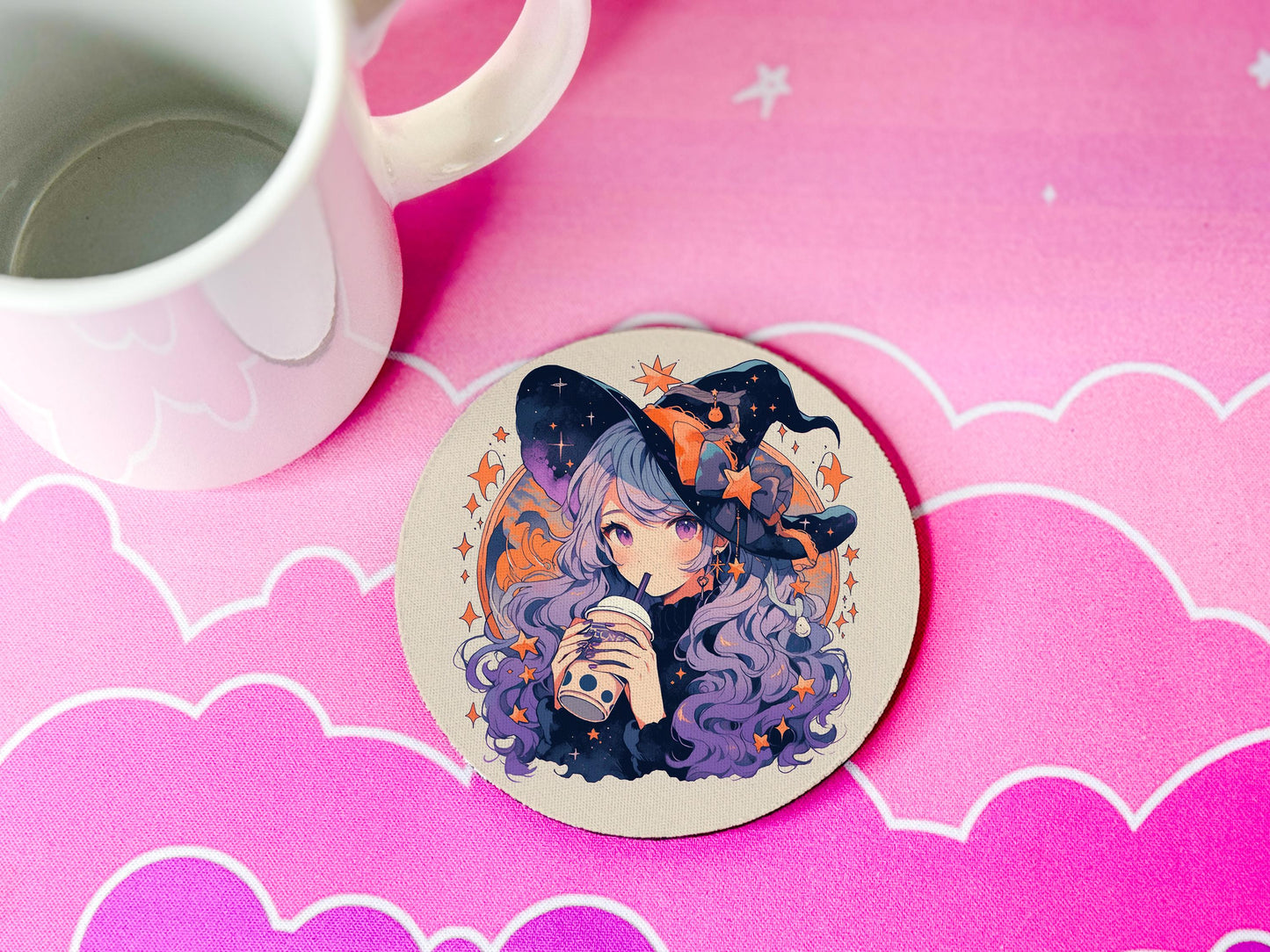 Witch Fabric Coaster Set of 4 Round Drink Coasters Non Slip Desk Bar Home