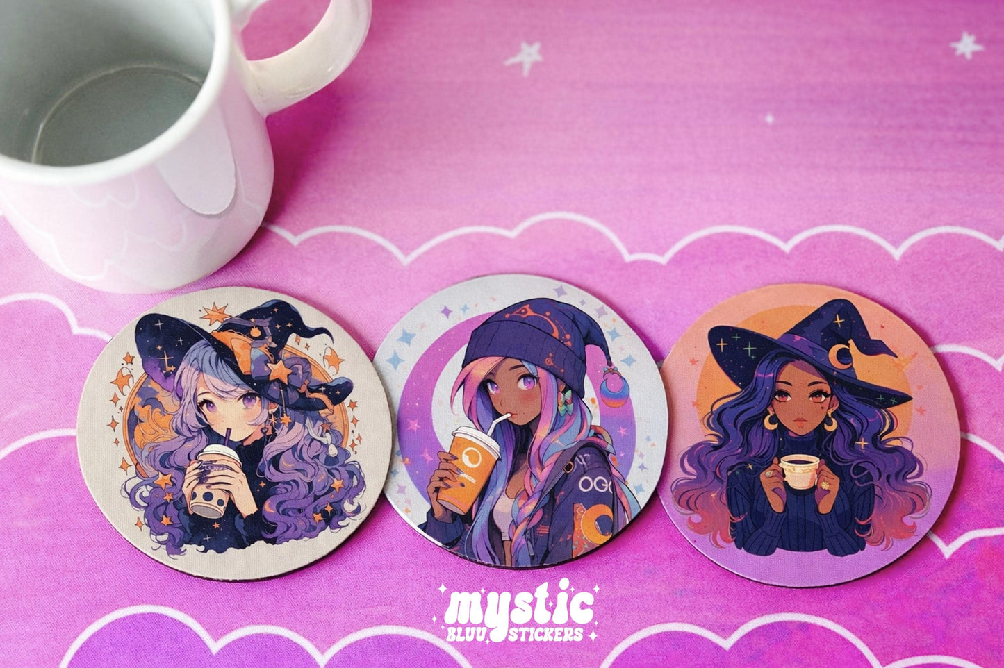 Witch Fabric Coaster Set of 4 Round Drink Coasters Non Slip Desk Bar Home