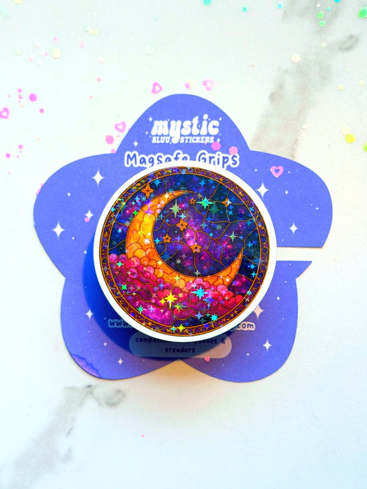 Celestial Moon MagSafe Phone Grip: Holographic 2D Night Sky Kindle Grip