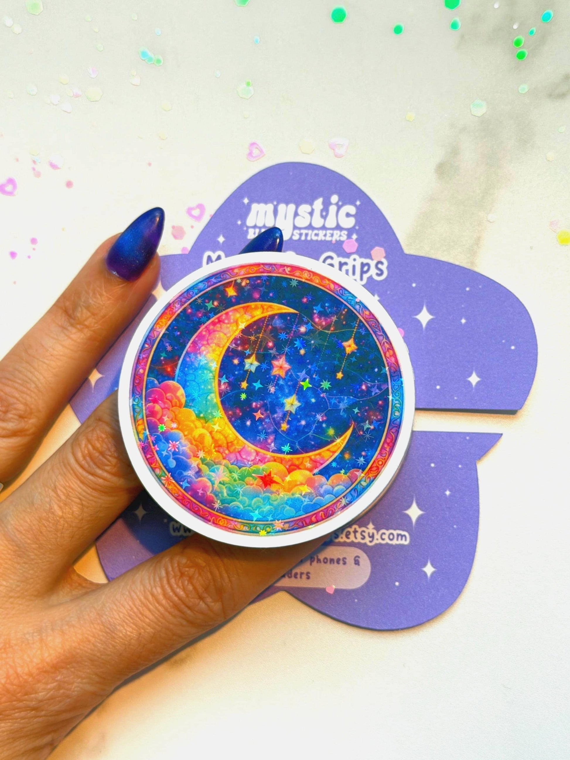 Celestial Moon MagSafe Phone Grip: Holographic 2D Night Sky Kindle Grip