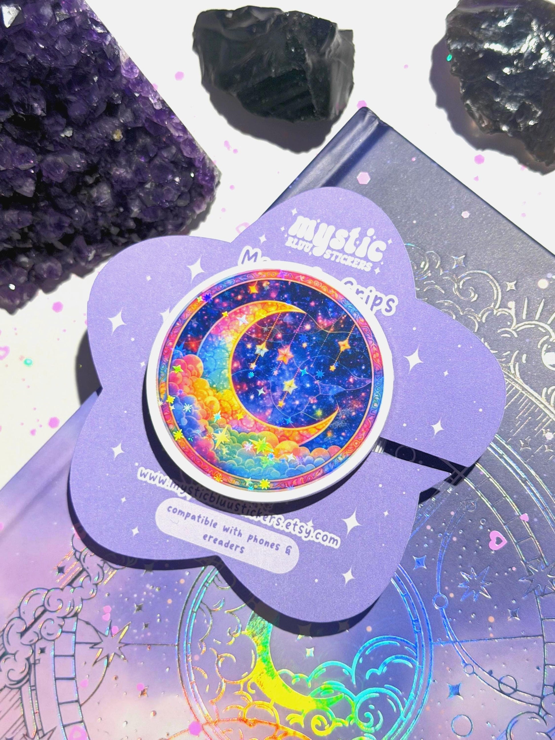 Celestial Moon MagSafe Phone Grip: Holographic 2D Night Sky Kindle Grip