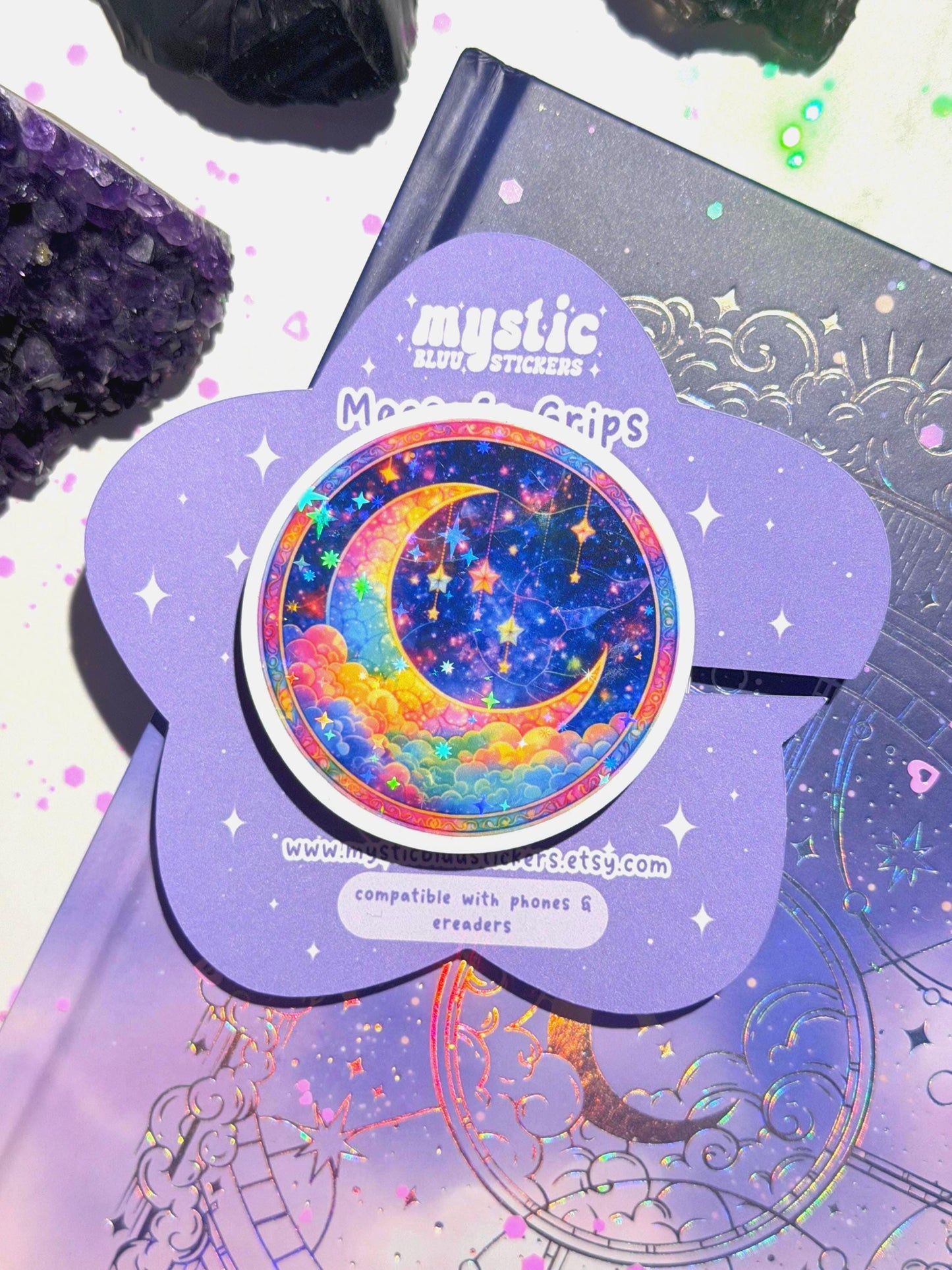 Celestial Moon MagSafe Phone Grip: Holographic 2D Night Sky Kindle Grip