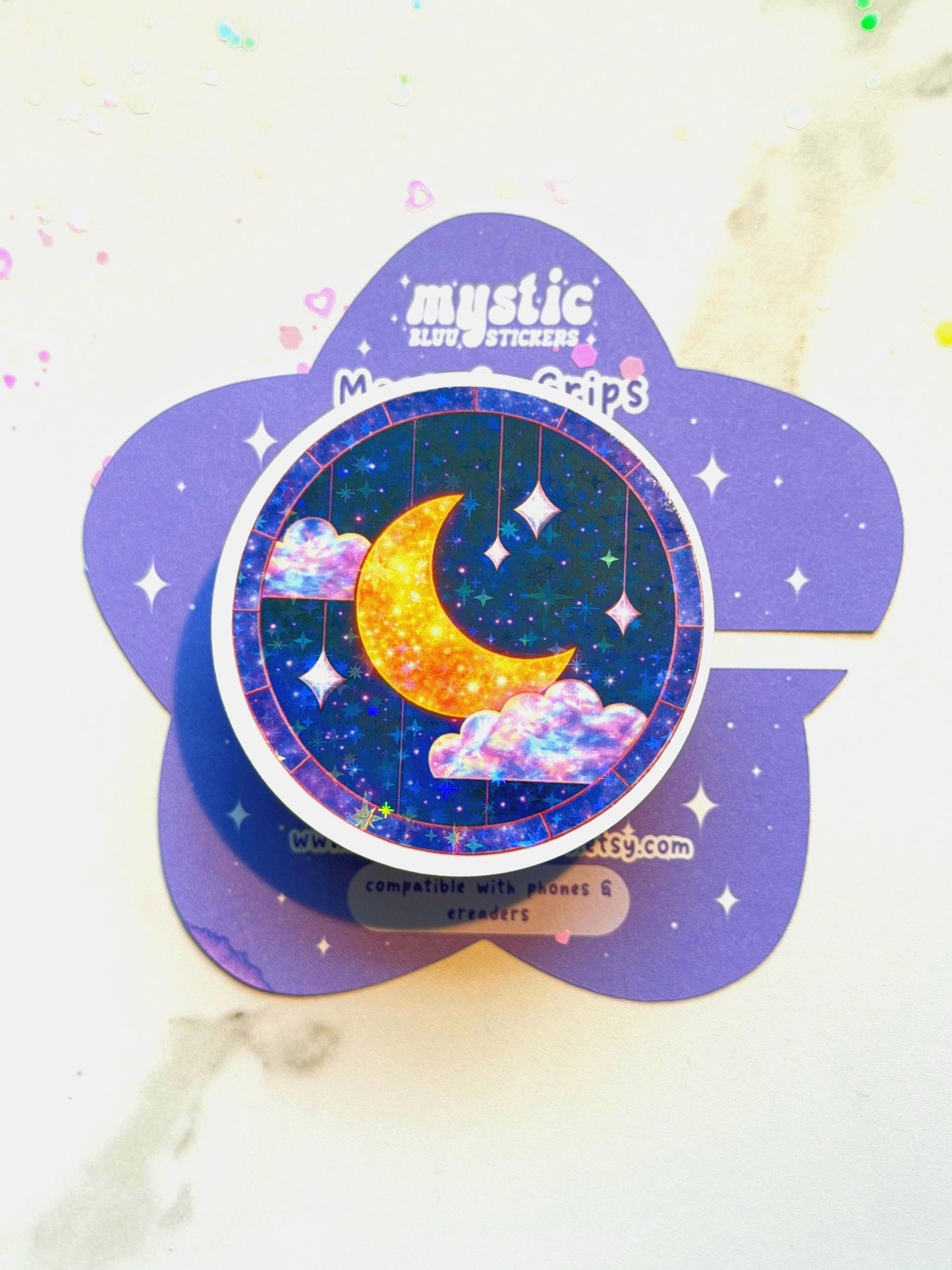 Celestial Moon MagSafe Phone Grip: Holographic 2D Night Sky Kindle Grip