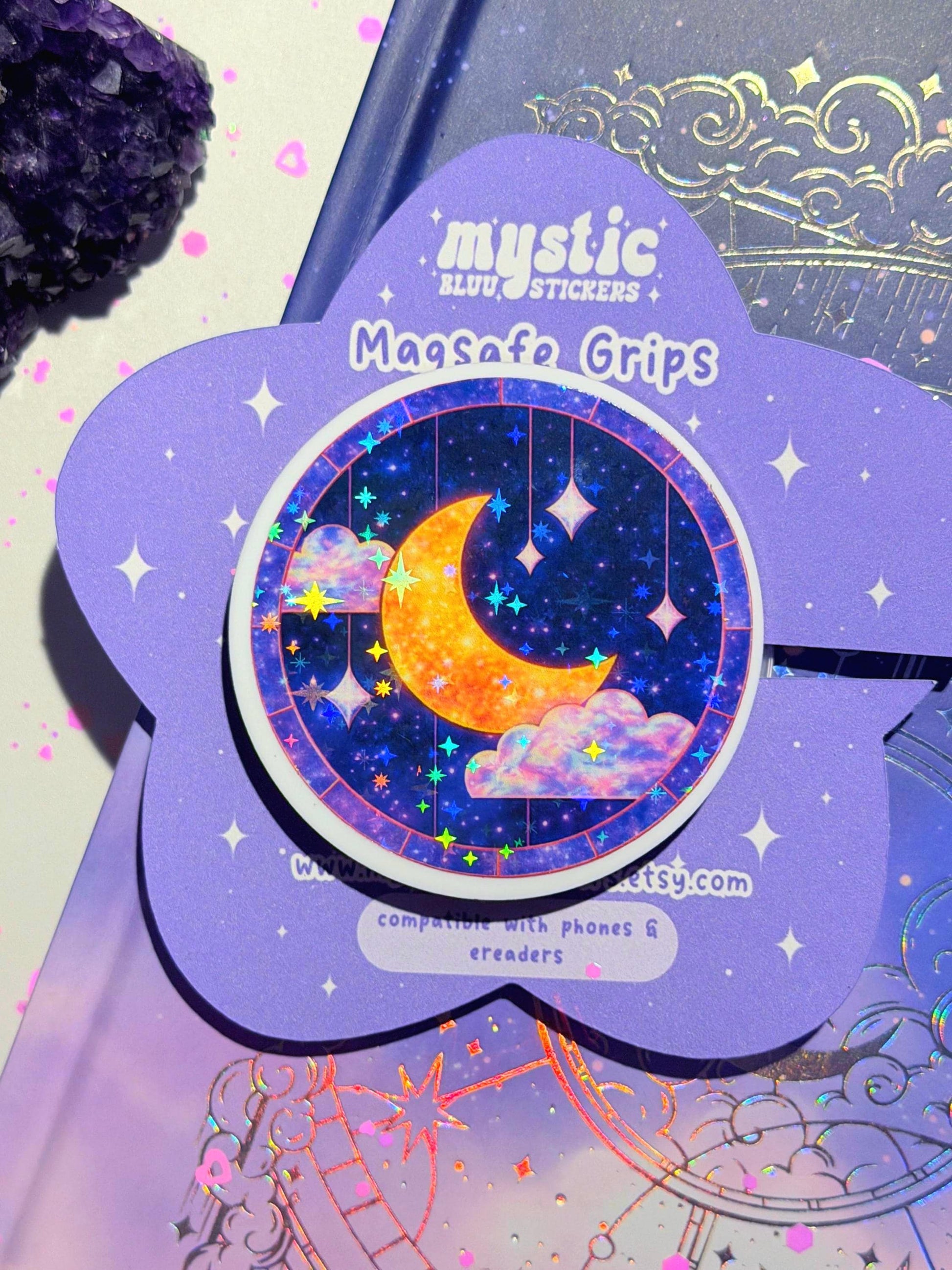 Celestial Moon MagSafe Phone Grip: Holographic 2D Night Sky Kindle Grip