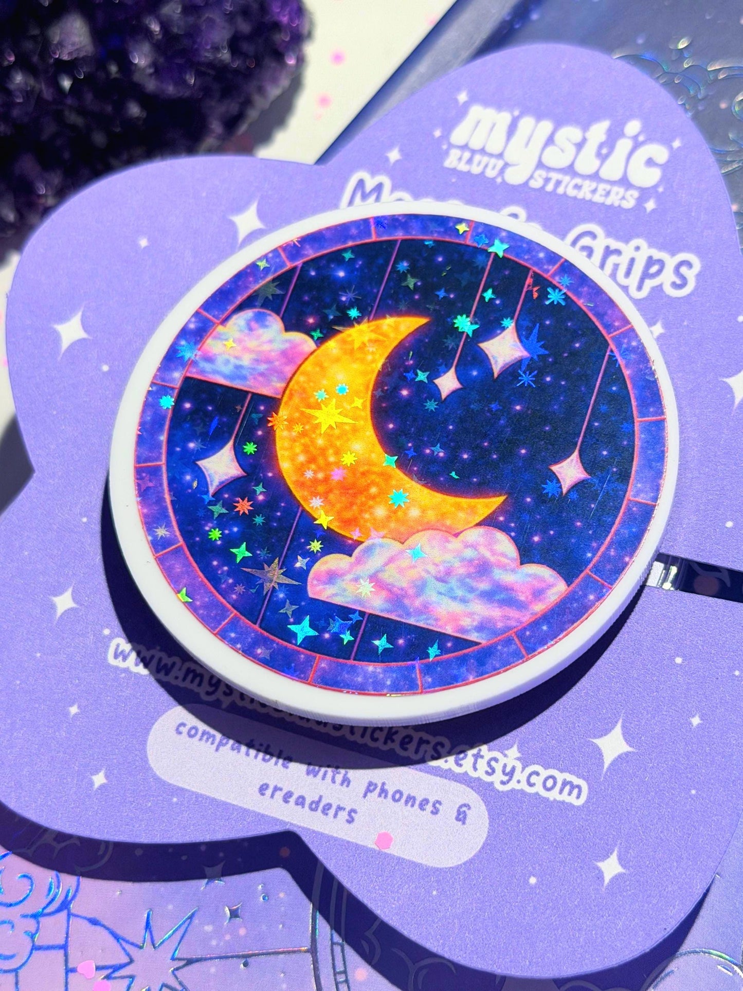 Celestial Moon MagSafe Phone Grip: Holographic 2D Night Sky Kindle Grip