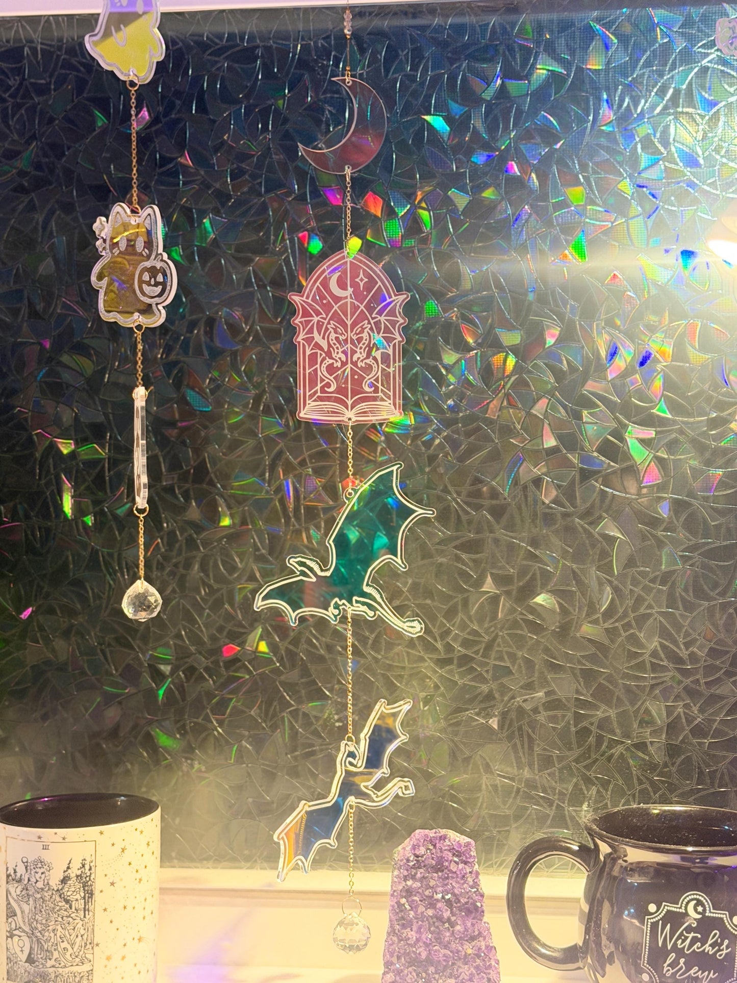 Book Dragon Iridescent Sun Catcher, Fantasy Window Prism Decor, Dark Academia Reading Nook Hanging