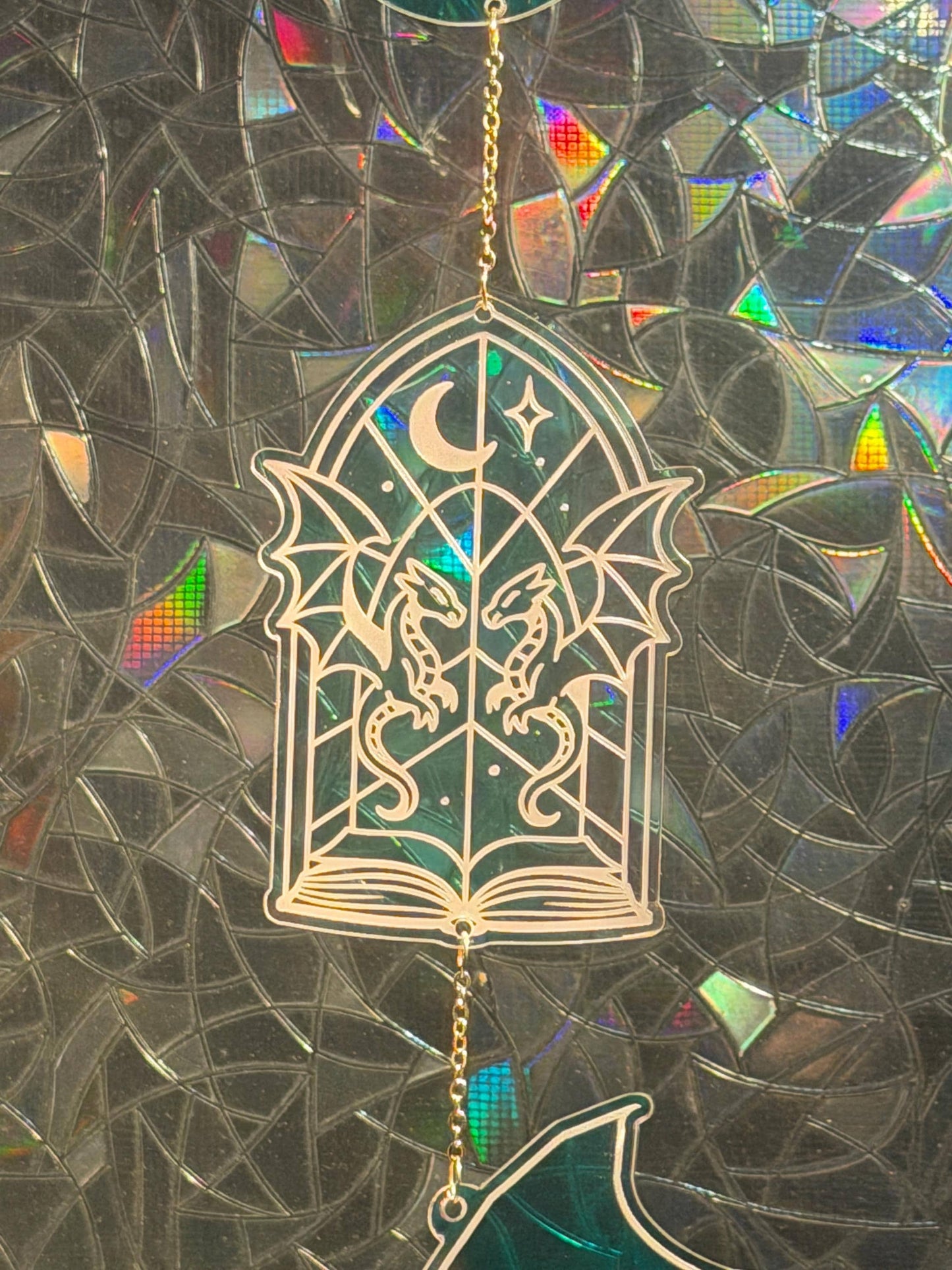 Book Dragon Iridescent Sun Catcher, Fantasy Window Prism Decor, Dark Academia Reading Nook Hanging