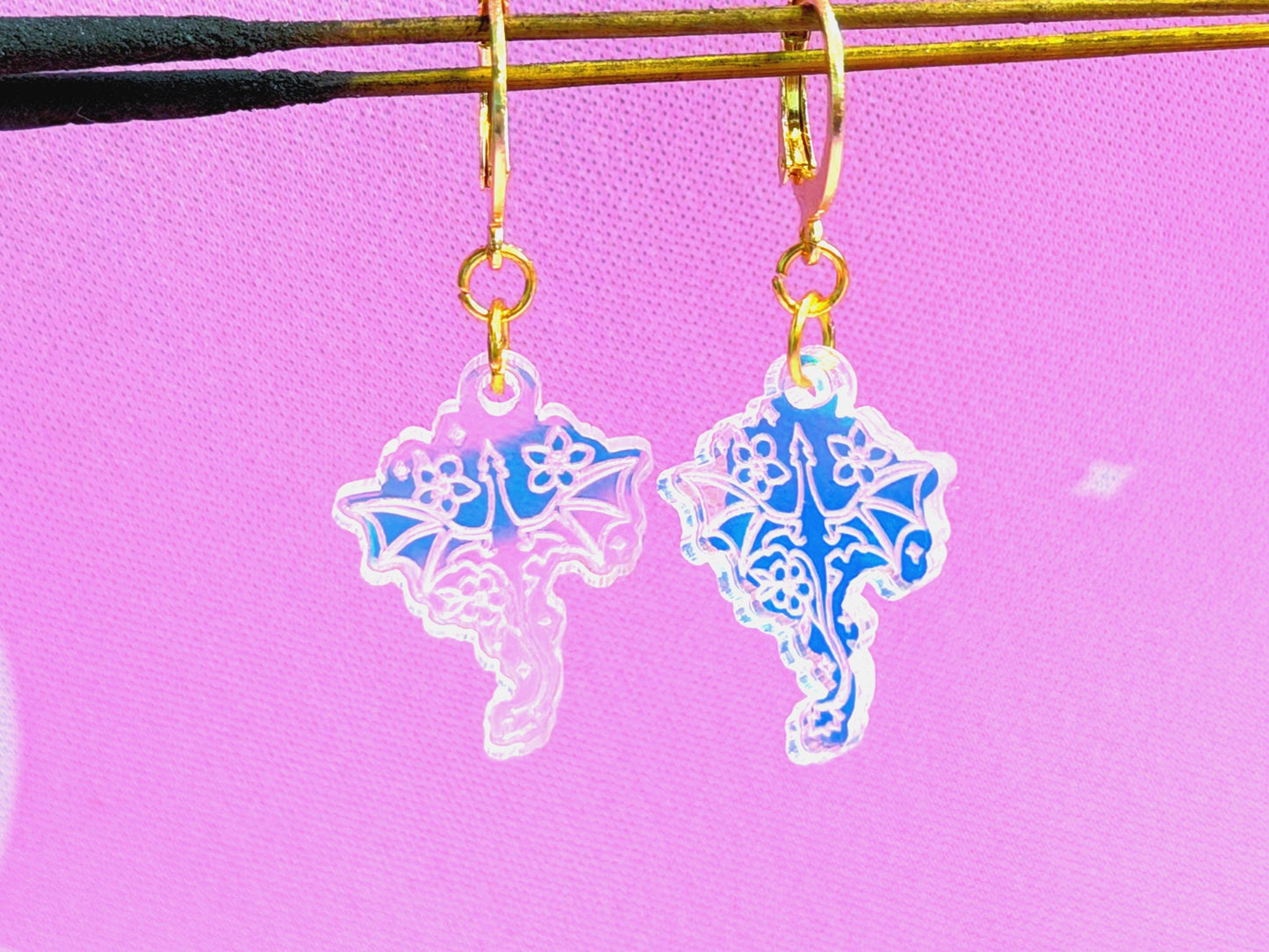 Floral Dragon Earrings: Acrylic Iridescent Dangle Hoop or Hook Style