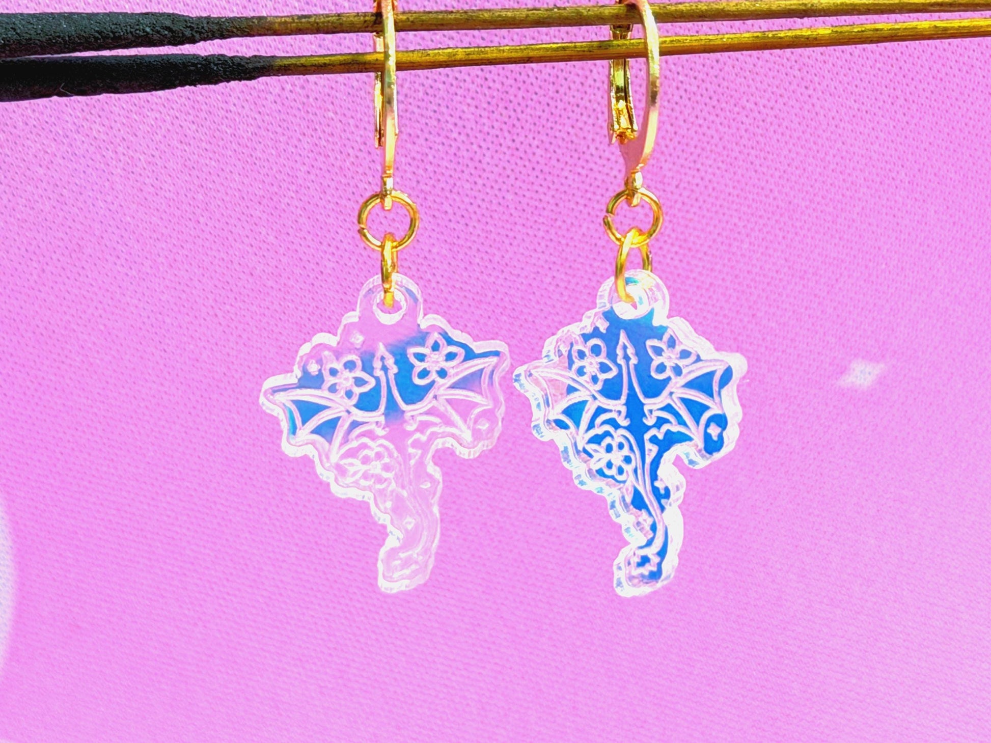 Floral Dragon Earrings: Acrylic Iridescent Dangle Hoop or Hook Style