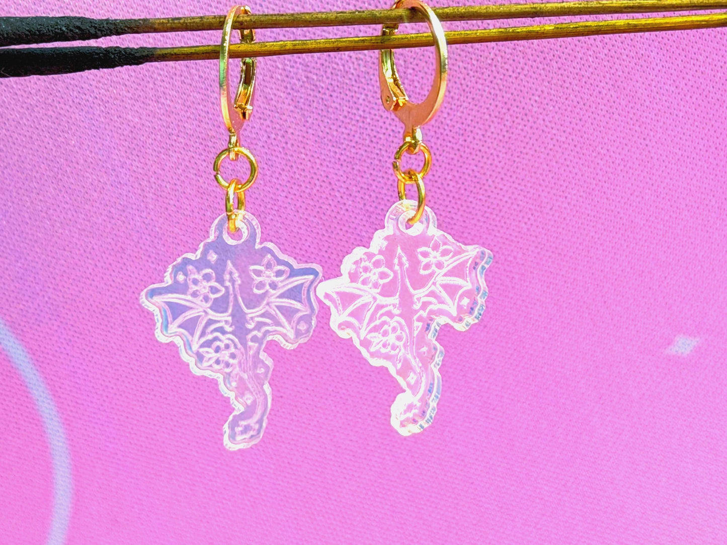 Floral Dragon Earrings: Acrylic Iridescent Dangle Hoop or Hook Style