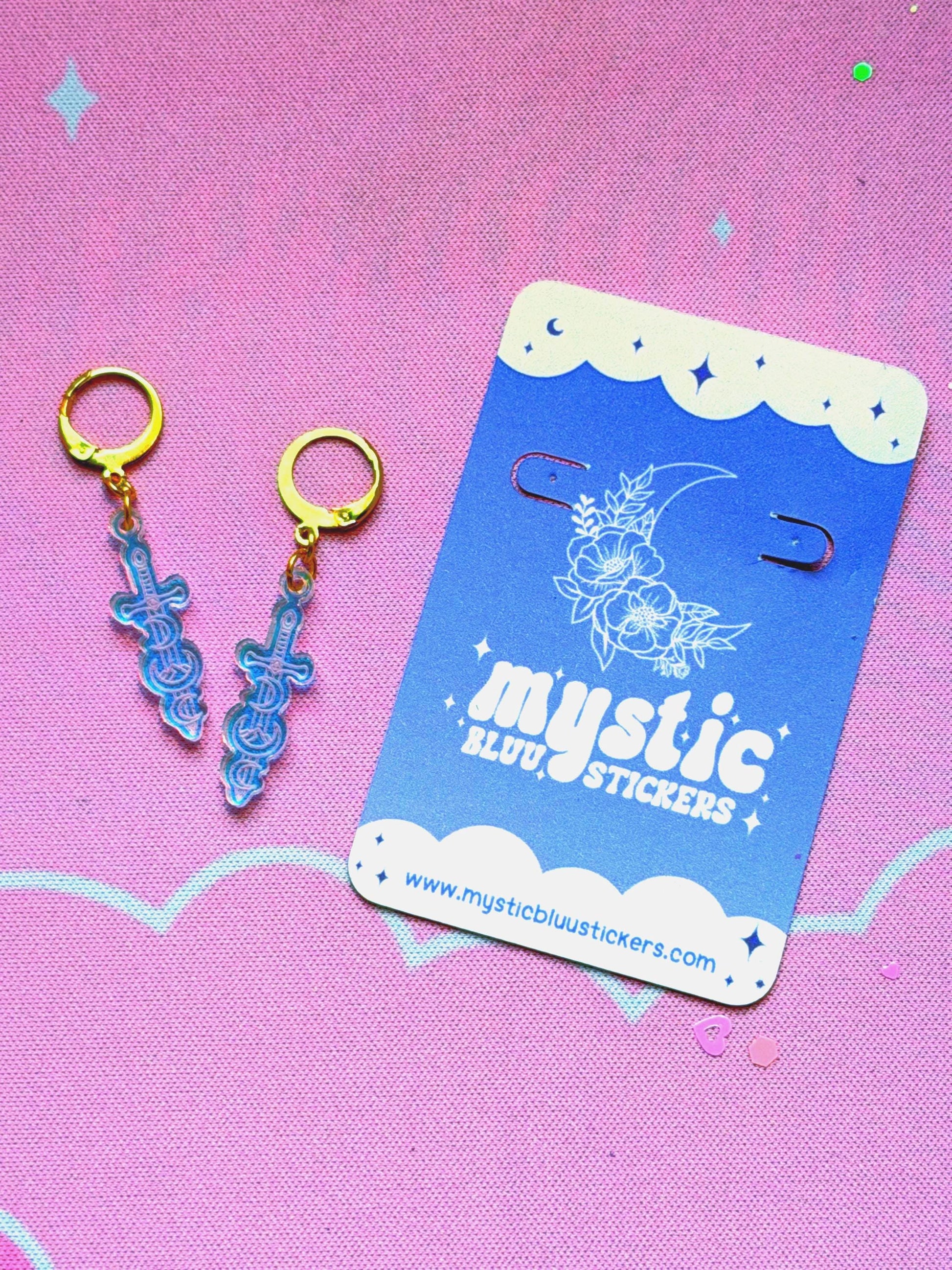 Celestial Dagger Earrings for Book Lovers: Acrylic Iridescent Dangle Hoop or Hook Style