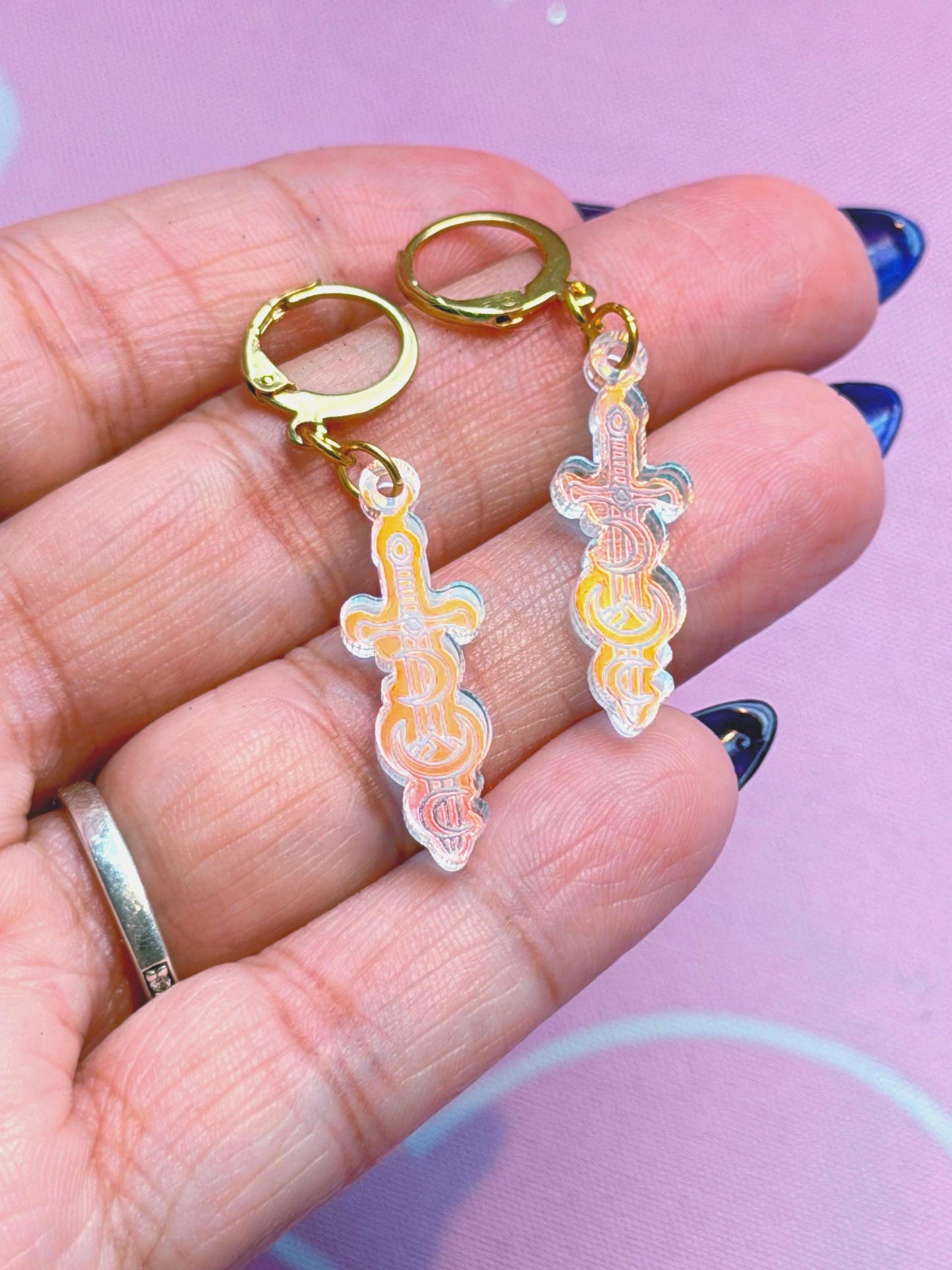 Celestial Dagger Earrings for Book Lovers: Acrylic Iridescent Dangle Hoop or Hook Style